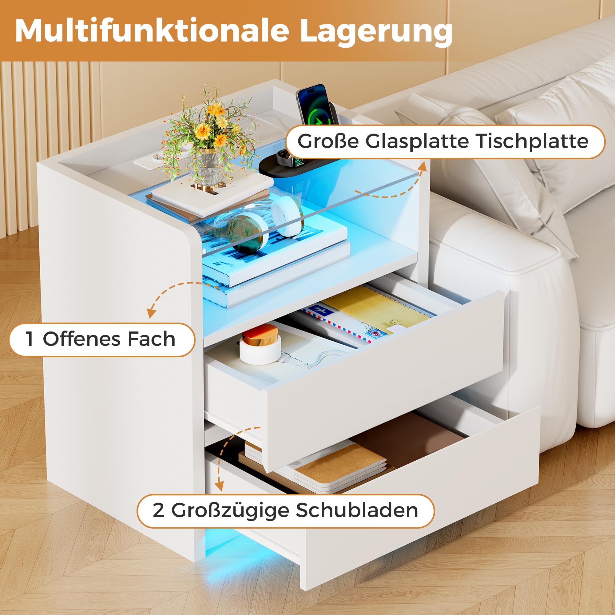 ANWBROAD Nachttisch 2er Set,Nachttisch mit Ladefunktion und LED-Licht, Glasplatte, Nachtschrank mit 2 Schubladen und 1 Offenes Fach, Beistelltisch mit Steckdose und USB-Anschlüssen, Weiß BNS001W