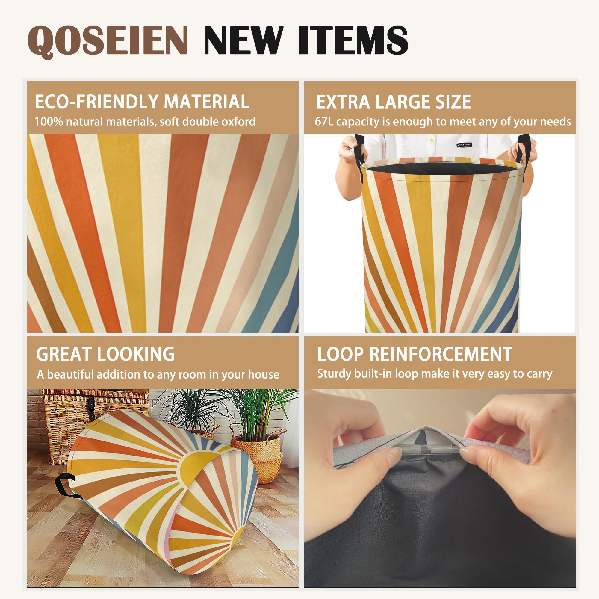 Colorful Boho Laundry Basket Sunrise Rainbow Collapsible Laundry Basket Oxford Cloth Storage Hamper with Easy Carry Handles for Bedroom, Bathroom, and Dorm 16 inchx20.8inch