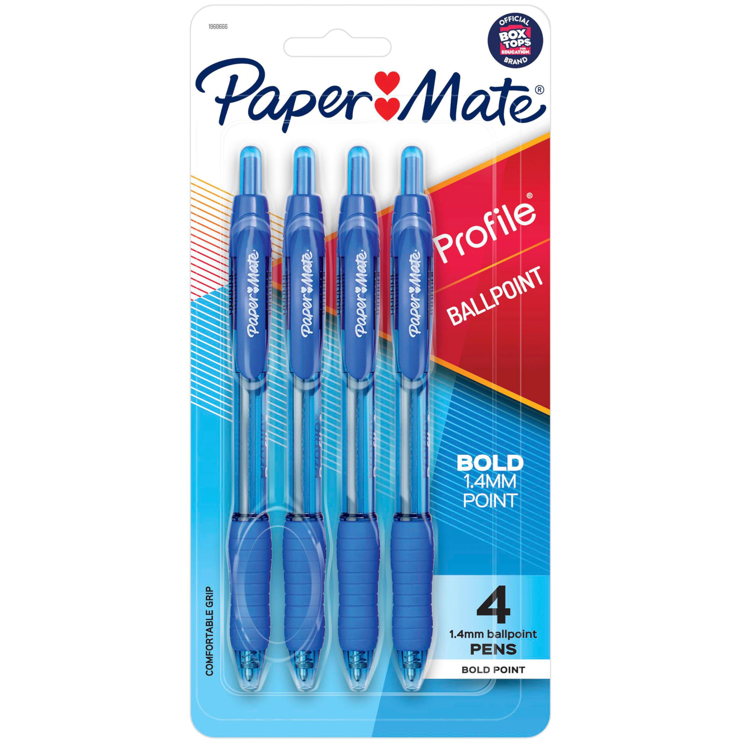 Paper Mate Profile Retractable Ballpoint Pen, Bold Point, Translucent Barrel, Blue Ink, 4 Count