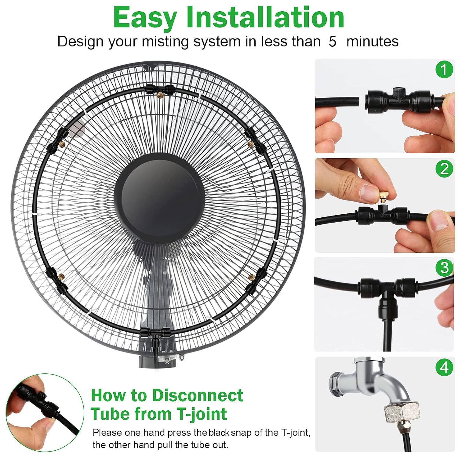 Fan Misting Kit, Outdoor Fan Misting Cooling System with 19.36FT (5.9M) Misting Line + 5 Brass Mist Nozzles + Brass Adapter(3/4") for Cooling Patio Garden Greenhouse Breeze, Connect to Any Outdoor Fan