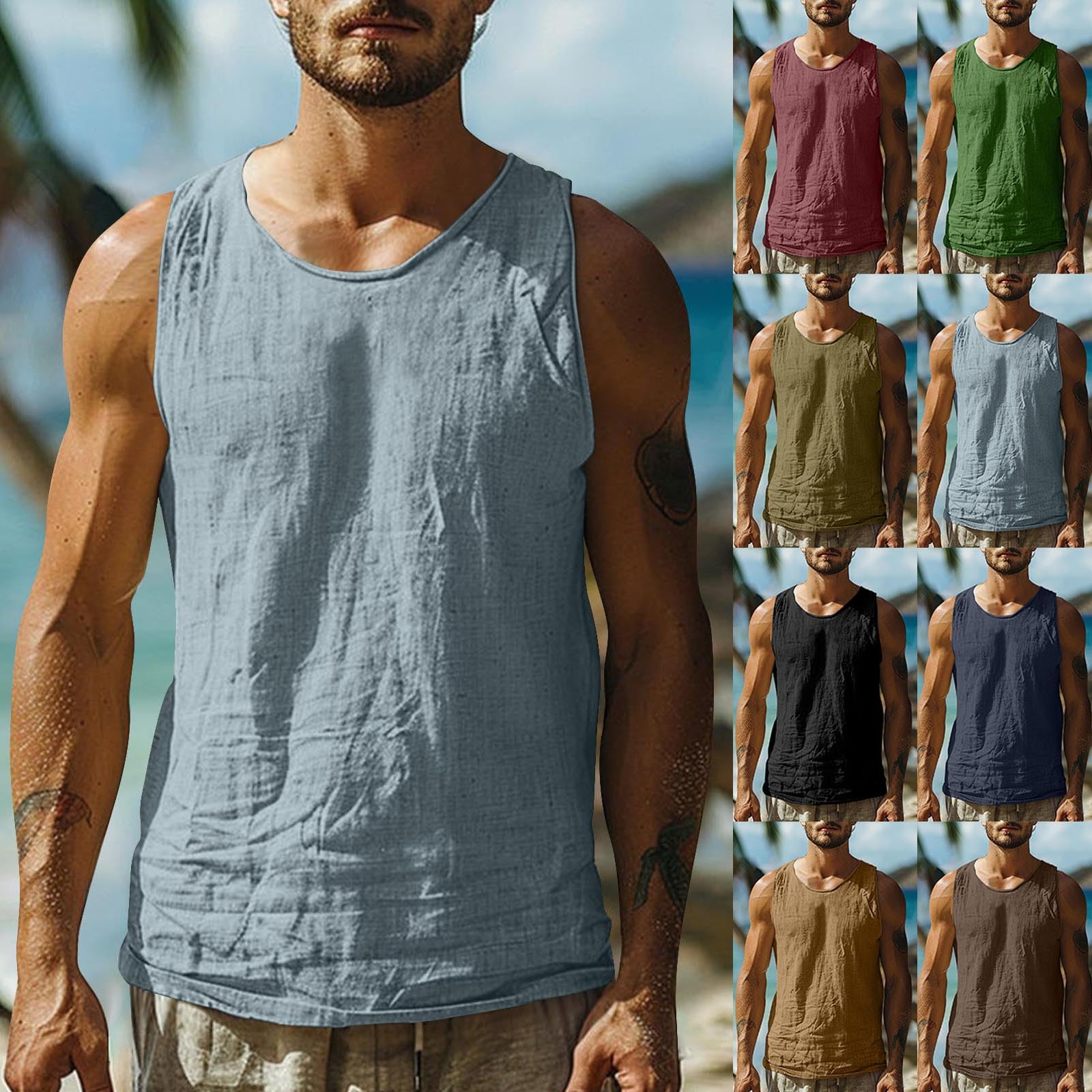 Tank Top Herren Sommer Leinen Ärmelloses T Shirt Casual Einfarbige Weste Vintage Tshirt Männer Rundhals Bodybuilding Loose T-Shirt Performance Fitness Laufshirt