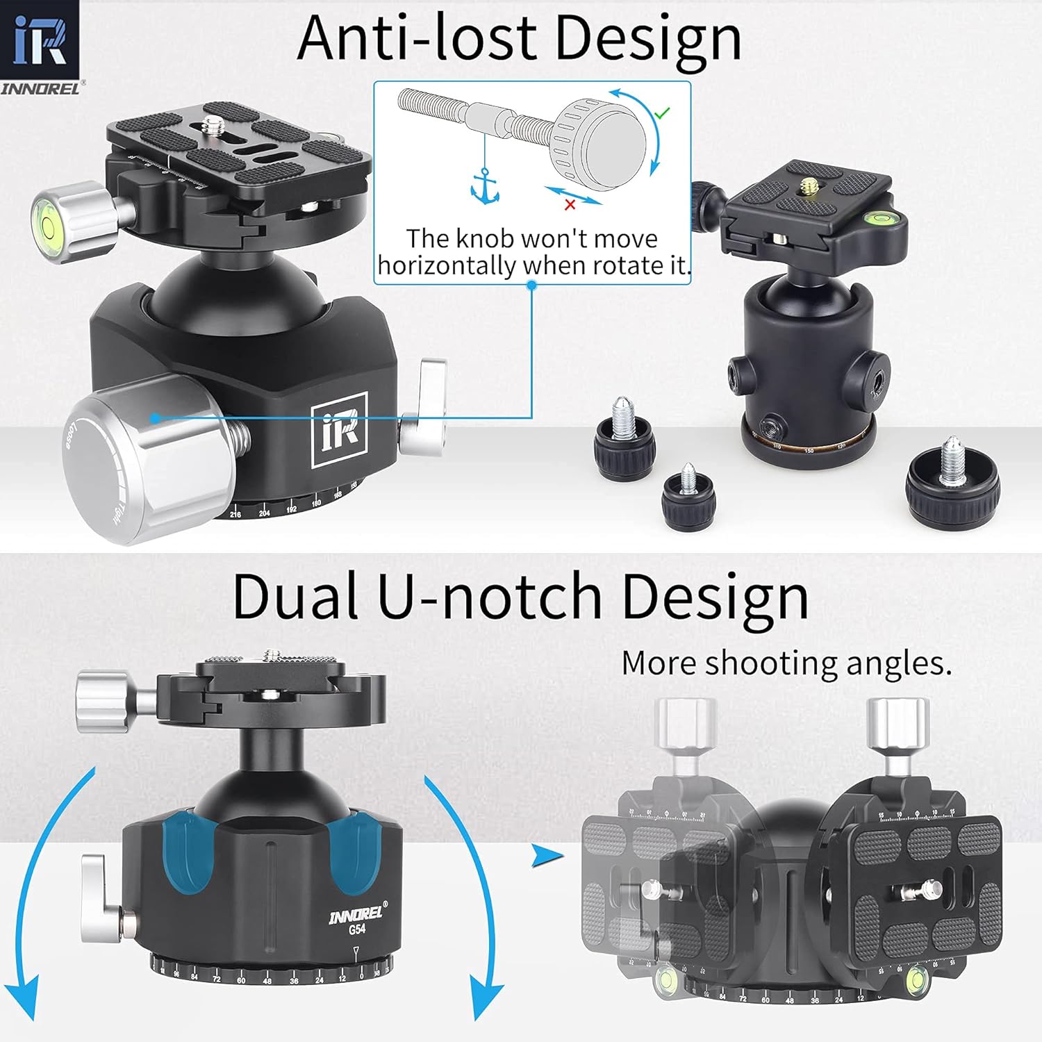 Low Profile Tripod Ball Head-INNOREL Panoramic CNC Metal Camera Tripod Ballhead with 1/4" Arca Swiss Quick Release Plate Aluminum Alloy head for Tripods,Monopod,DSLR,Camcorder,Max Load 66lb/30kg (G54)