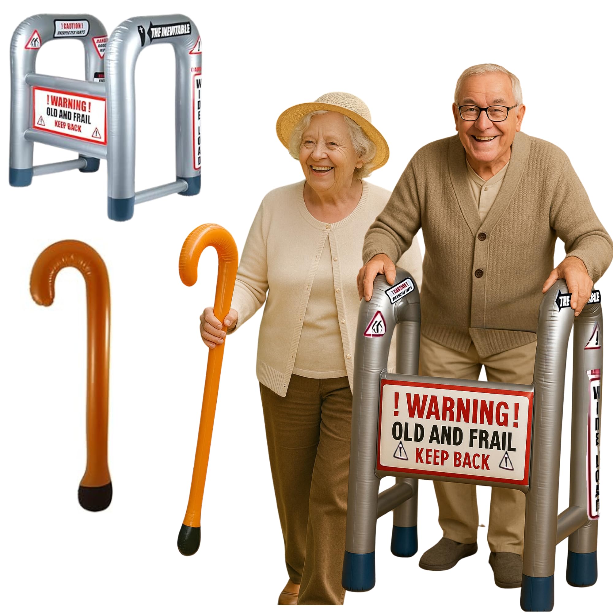Inflatable Zimmer Frame & Walking Stick Set – 35" Blow-Up Plain & Printed Joke Props | Funny Retirement, 50th 60th Birthday Gifts for Men (Printed Silver/Black)