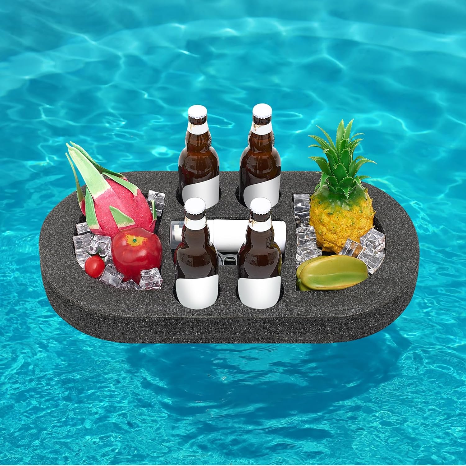 Large Floating Drink Holder Black Floating Refreshment Table Tray Compartment Portable Floating Pool Tray for Swimming Pool Accessories Hot Tub Beach and Party Decor Oval Four Holes