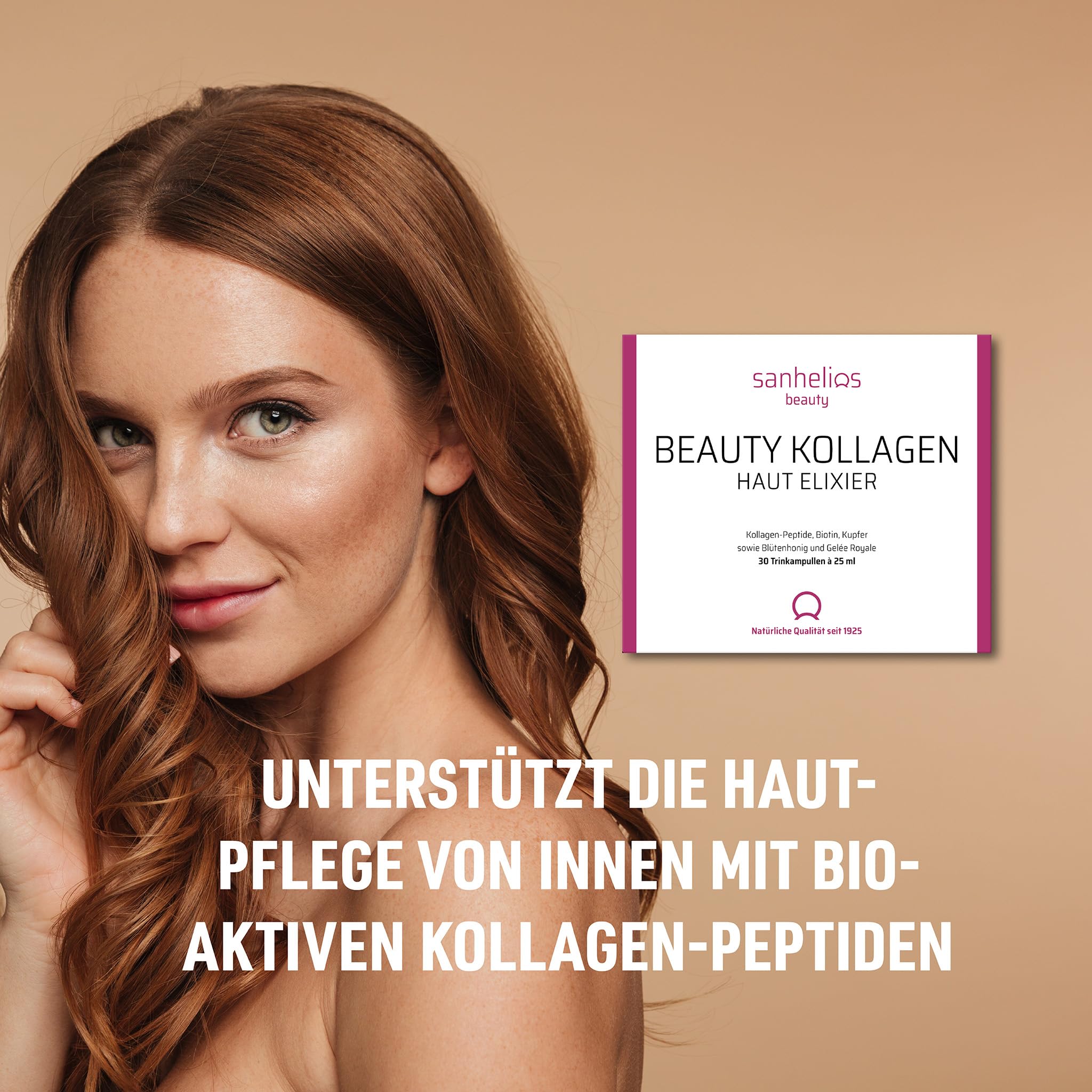 Sanhelios Beauty Kollagen HAUT-ELIXIER – Anti Aging zum Trinken* | 2500 mg Premium-Kollagen-Peptide + Biotin, Kupfer & Vitamin C, Blütenhonig & Gelée Royale | 30 Trinkampullen, Made in Germany