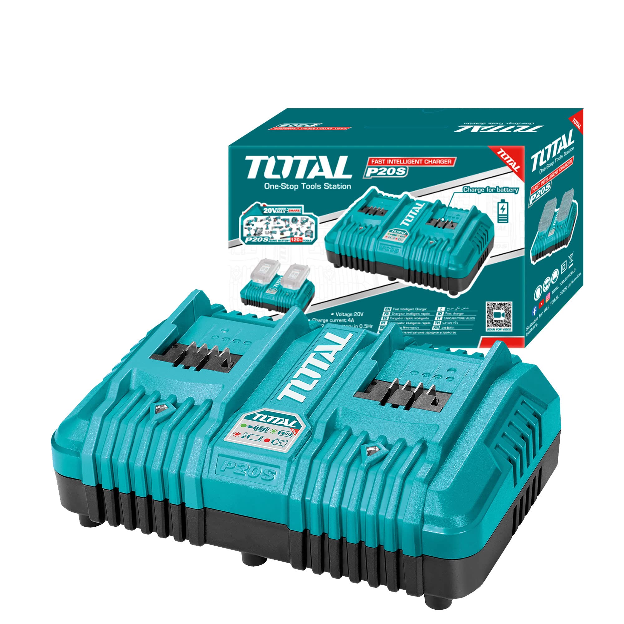 TOTAL - Caricabatterie Rapido Doppio da 20 V, Caricabatterie a Due Porte per Strumento Portatile, Velocità di Ricarica: Batterie 2 Ah in 1/2 h, Compatibile con Strumenti Elettrici P20S