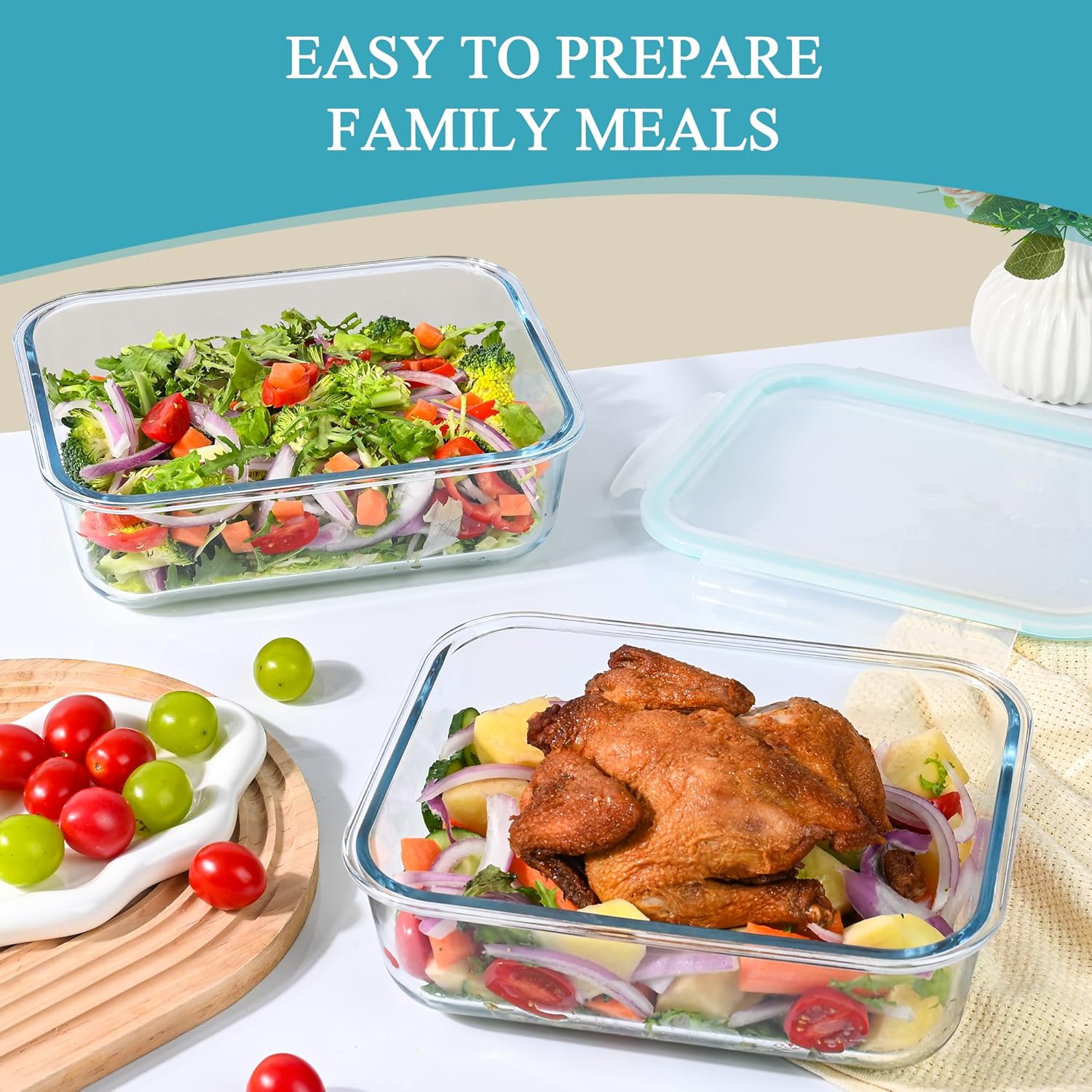 GEHE 9.8 Cup / 78 Oz Large Glass Food Storage Containers with Lids, 2 Pack Glass Meal Prep Containers Set with Airtight Locking Lids - Storing Food, Baking, Leakproof, Freezer, Microwave & Oven Safe - Image 7