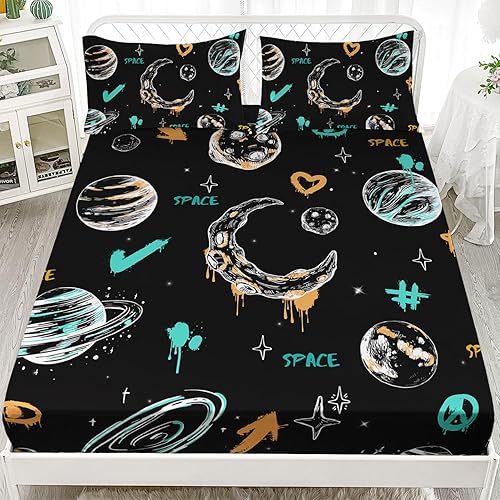 AILONEN Outer Space - Juego de sábanas bajeras de tamaño Queen, juego de sábanas de galaxia celestial, planeta espacial para niños y niñas,
