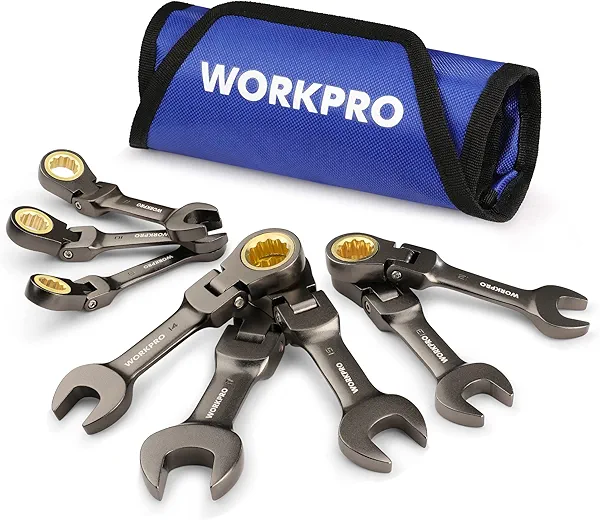 WORKPRO 8 Piece Flex Head Stubby Ratcheting Combination Wrench Set, Metric 9-17 mm, 72-Teeth, CRV, Nickel Plating with Rolling Pouch Metric Regular & Nickel Plating