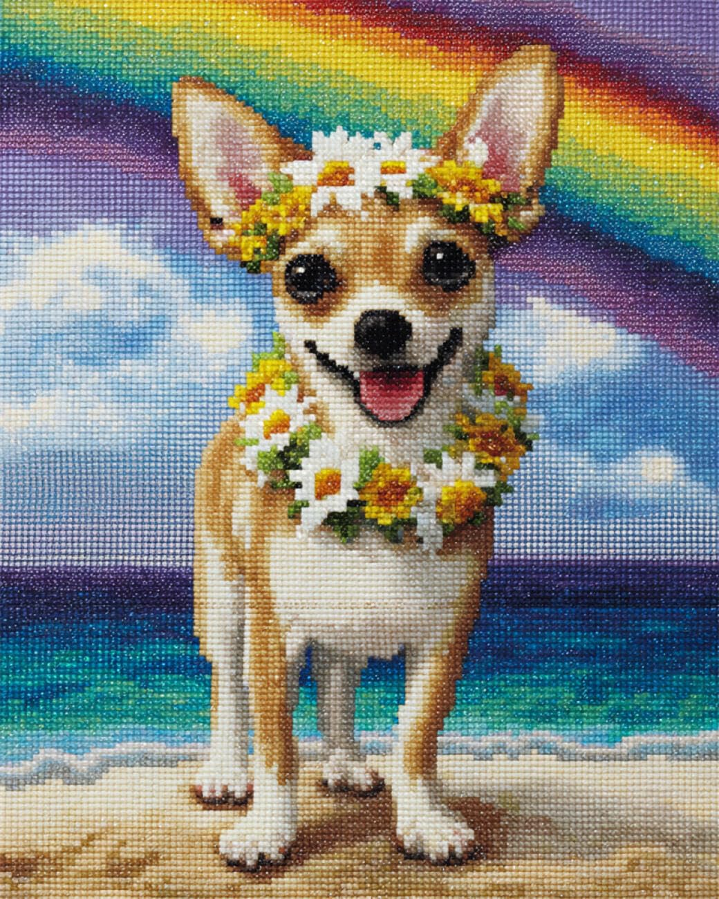 AxiangziK DIY Printed Cross Stitch Kit Chihuahuas and Flowers 11CT 40x50cm