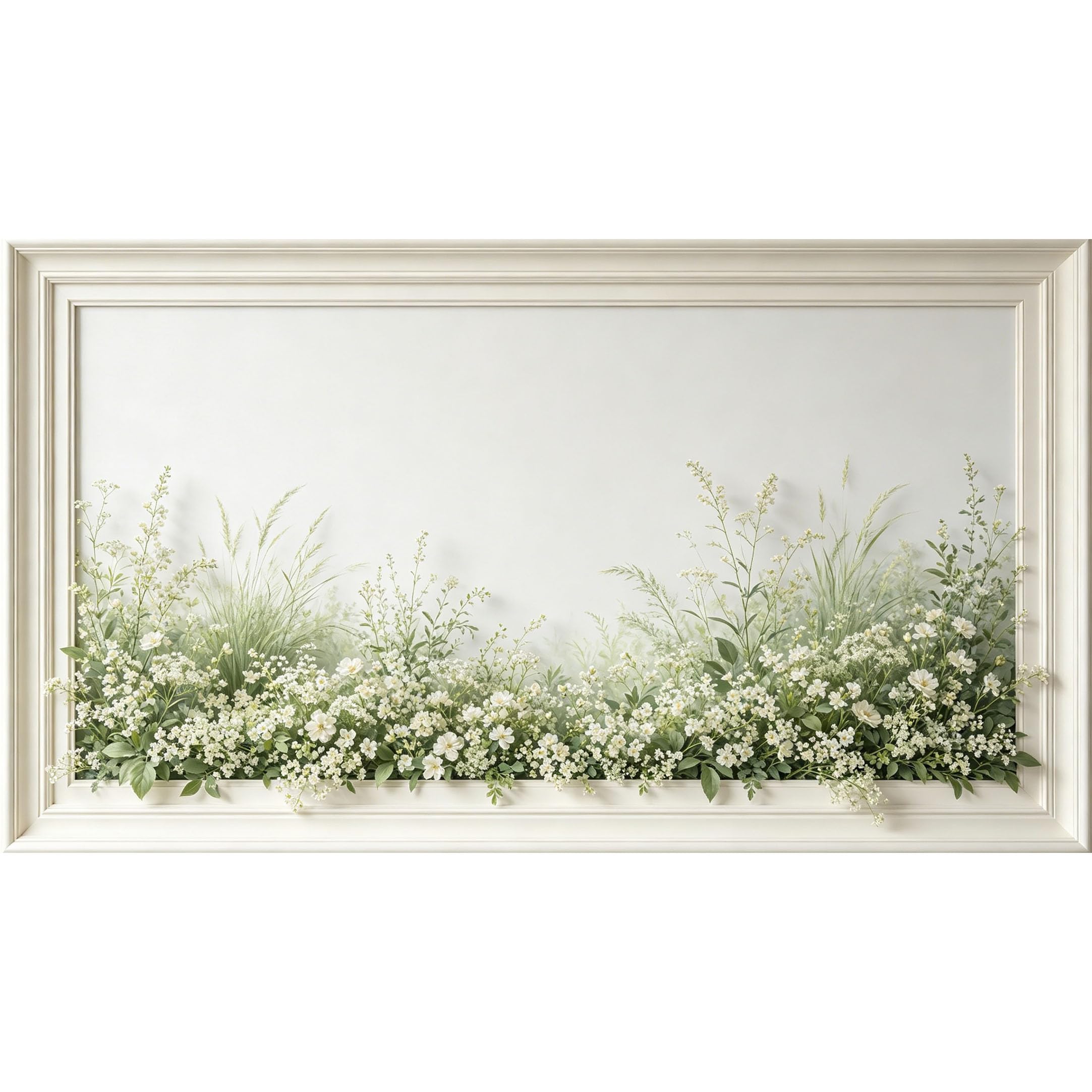 QZLITHOTIC 50×100cm 3D Framed Wall Art， Botanical White Wildflower Meadow Self?Adhesive Mural， Water?Activated Peel & Stick Fabric Decor Wall Decal for Bedroom Living Room