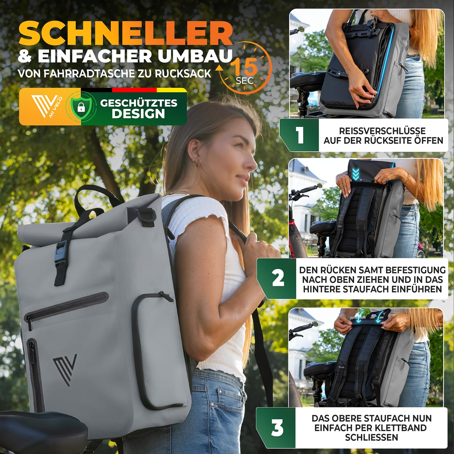 MIVELO 3in1 Fahrradtasche für Gepäckträger I Rucksack & Gepäckträgertasche hinten - in 15 Sekunden umgebaut I Fahrradrucksack 100% wasserdicht I Tasche Fahrrad (Vollreflektierend, EVO 25L)