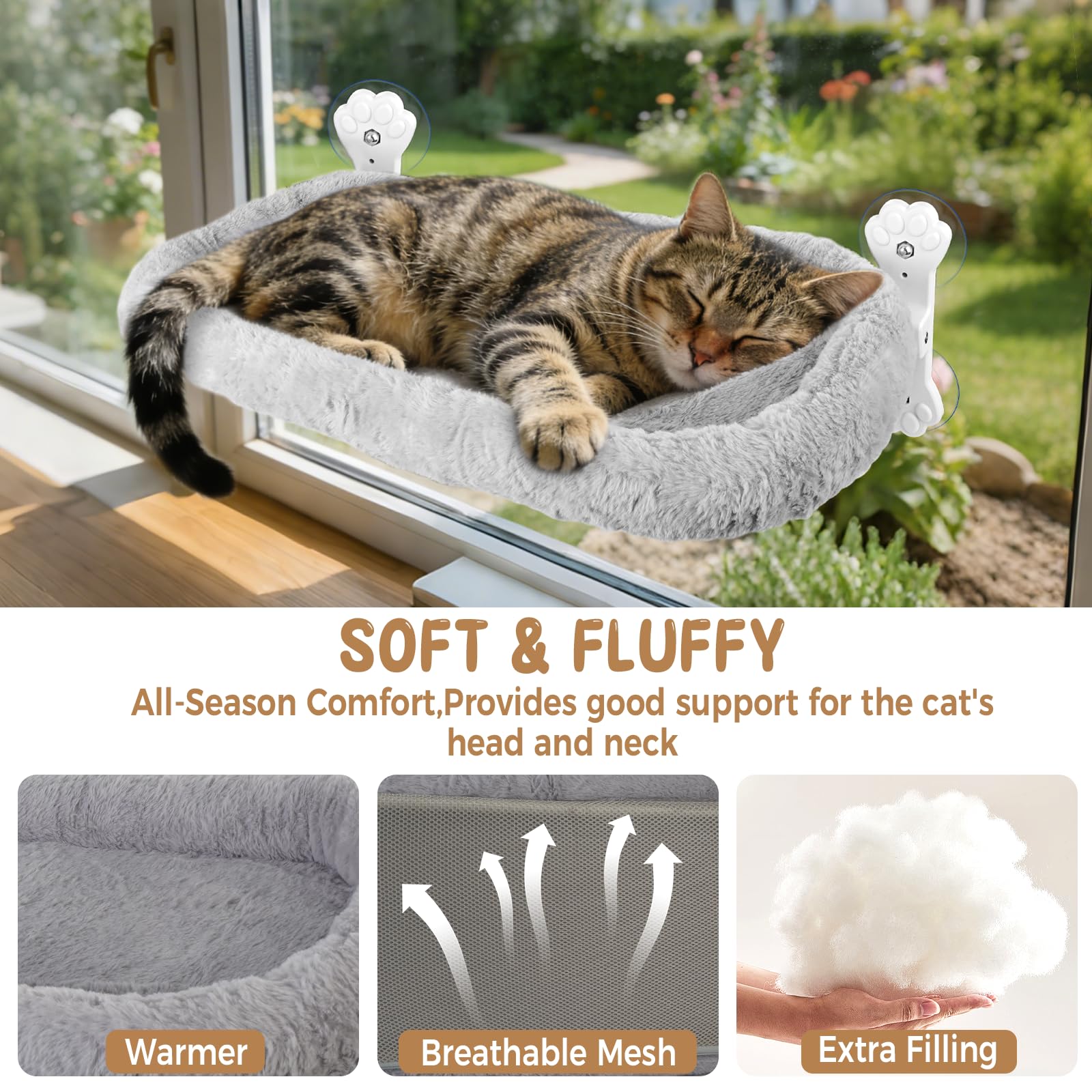 Hamac Chat Fenetre, Hamac pour Chat 60 x 30 cm, Ventouses Puissantes, Peu Encombrante, Charge Maximale 18 kg (Gris)
