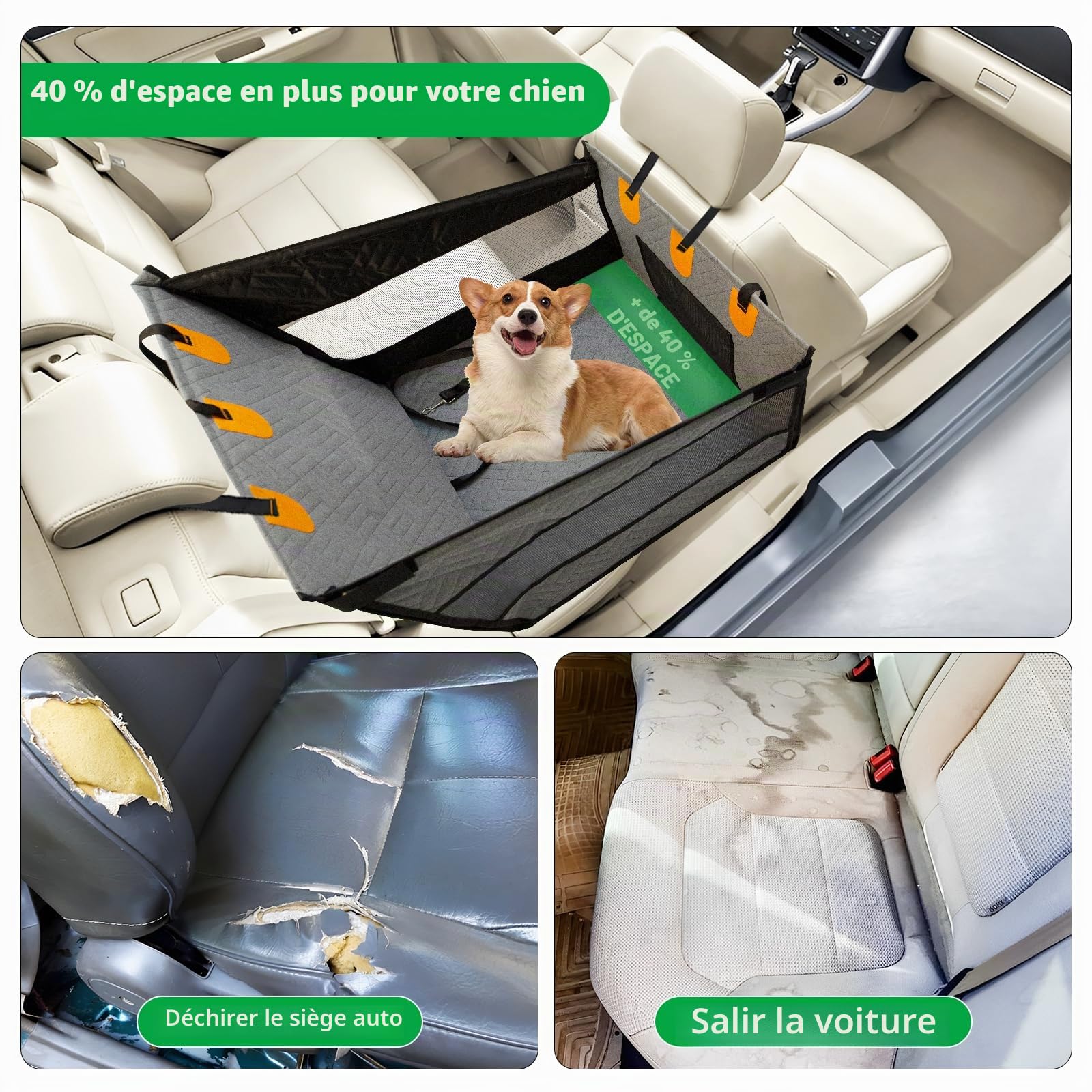LIROPAU Siège auto extra stable pour chien - Renforcé - Pour chiens de taille moyenne et grande - Imperméable - Siège auto antidérapant pour animaux - Résistant aux rayures - Avec 3 sangles de