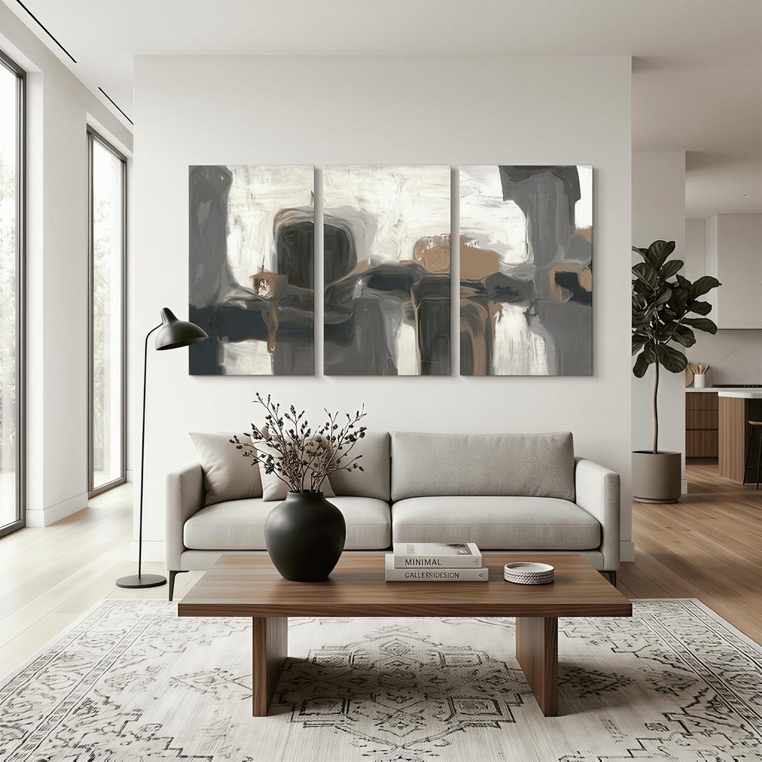 IUI Large Modern Abstract Canvas Wall Art - Neutral Gray, Beige & Gold Textured Canvas Prints, Minimalist Geometric Painting Artwork for Living Room Bedroom Office - 28" x 40"x 3