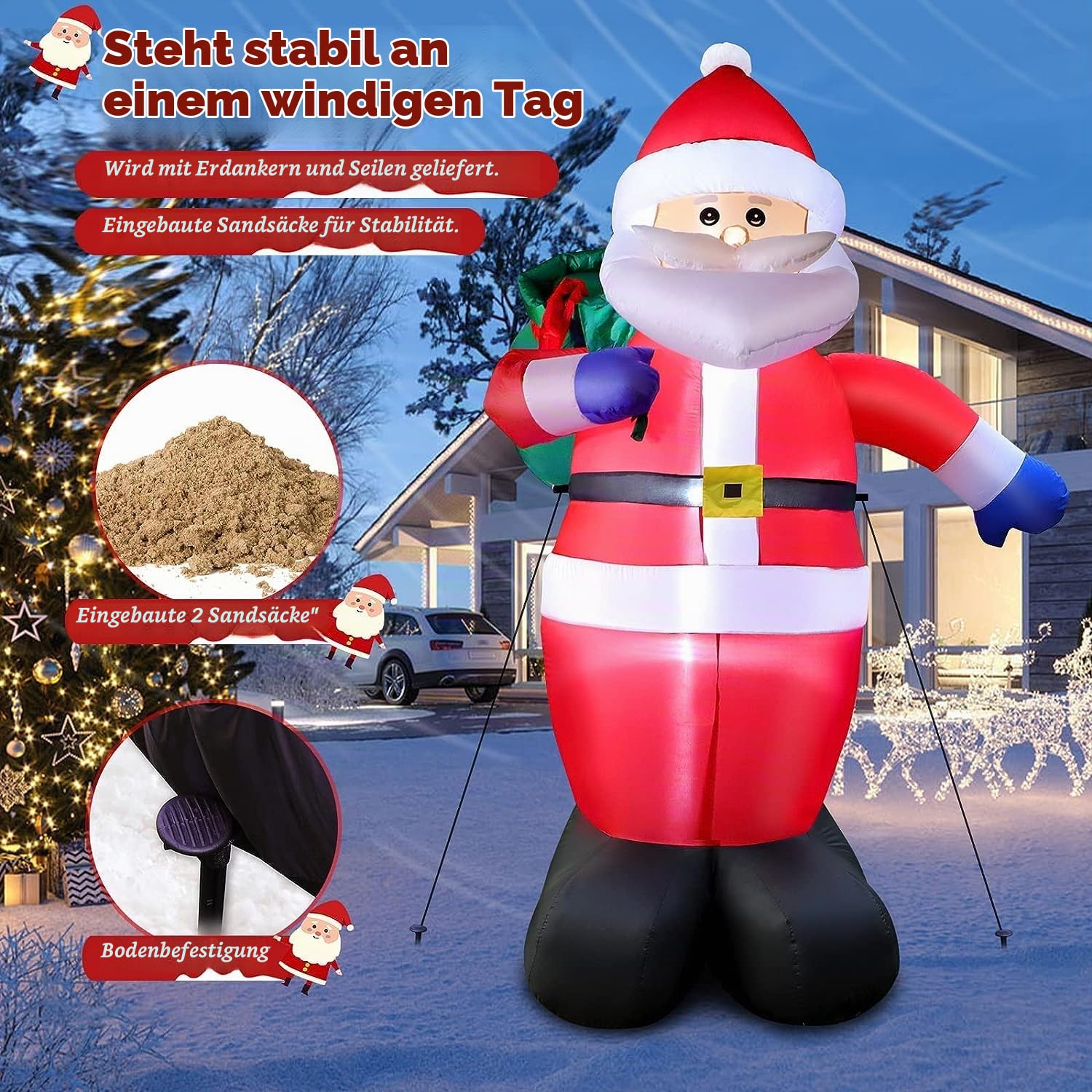Aufblasbarer Weihnachtsmann 240cm mit LED Lichtern, 8 Fuß Riesen Figur Inflatable Santa mit Geschenktüte, Aufblasbarer XXL Weihnachtsdeko IP44 Wetterfest Beleuchtung für Innen Außen Garten Rasen Hof