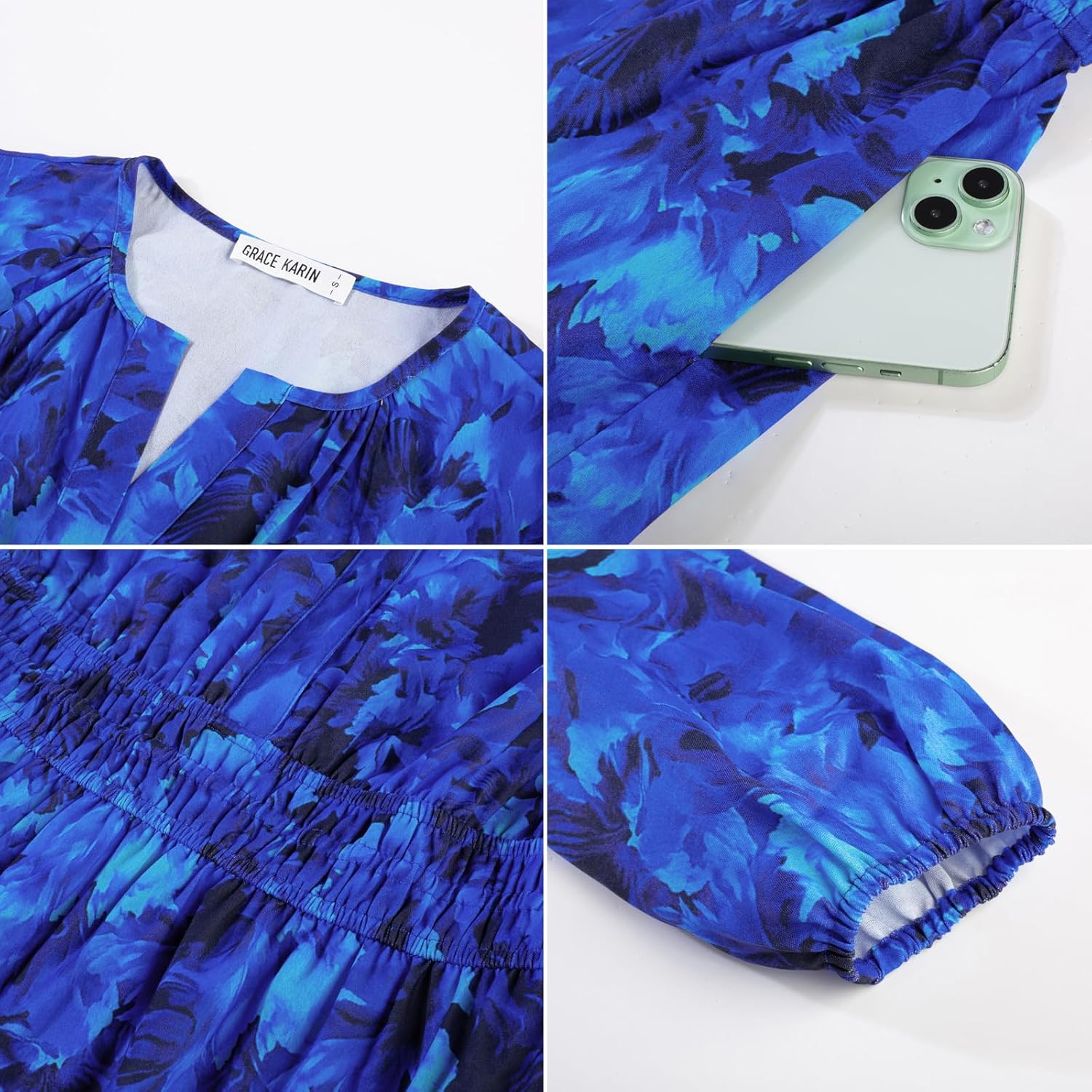 GRACE KARIN Long Sleeve Dress for Women 2026 Spring Wedding Guest Dress Floral Boho A Line Flowy Maxi Dresses with Pockets - Image 6