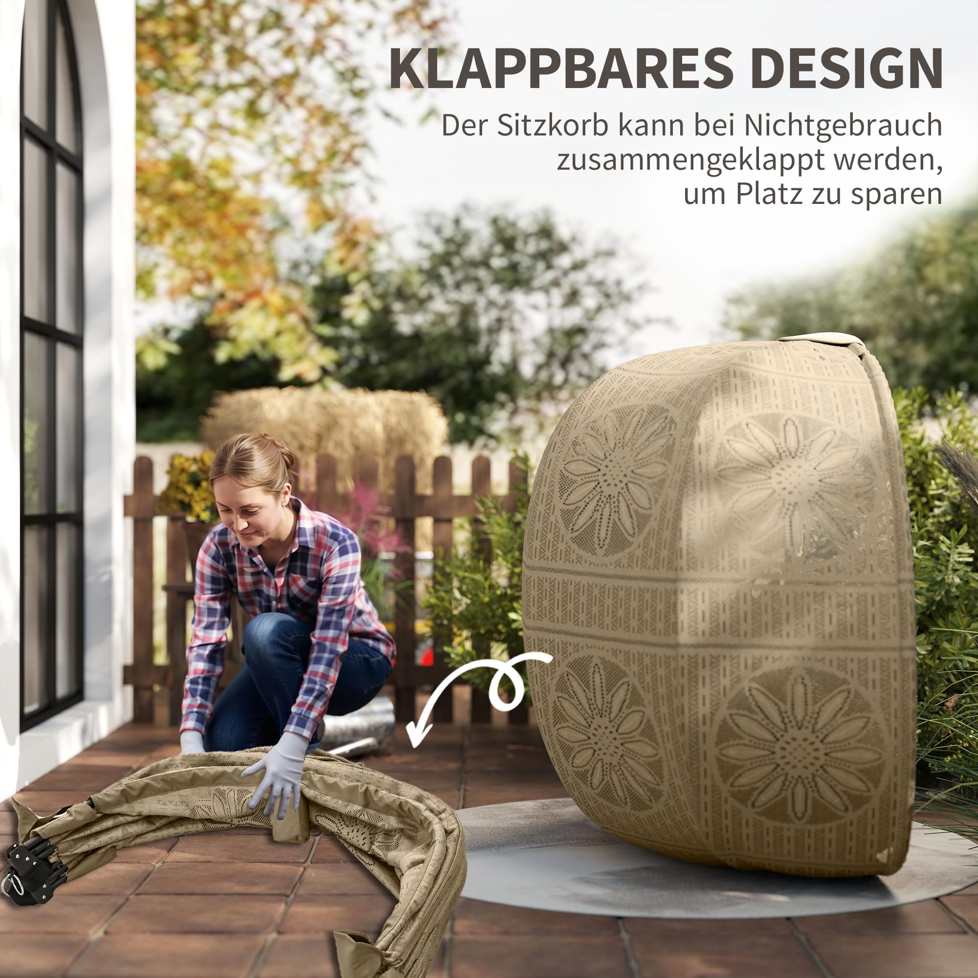 Outsunny Hängesessel mit Gestell, Eiförmiger Hängeschaukel mit abnehmbarem waschbarem Kissen, Hängematte für 2 Personen, Schaukelsessel Indoor Outdoor, Sand+Schwarz