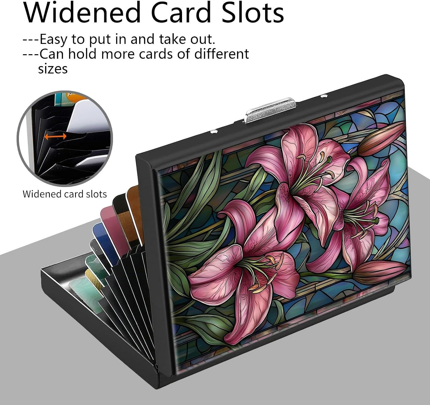 Credit Card Holder, Pink Lilies Design Mini RFID Blocking Aluminum Wallet Slim Metal Hard Case Shell Travel Wallet ID Case Small Credit Cards Case Business Cards for Women Men Girls