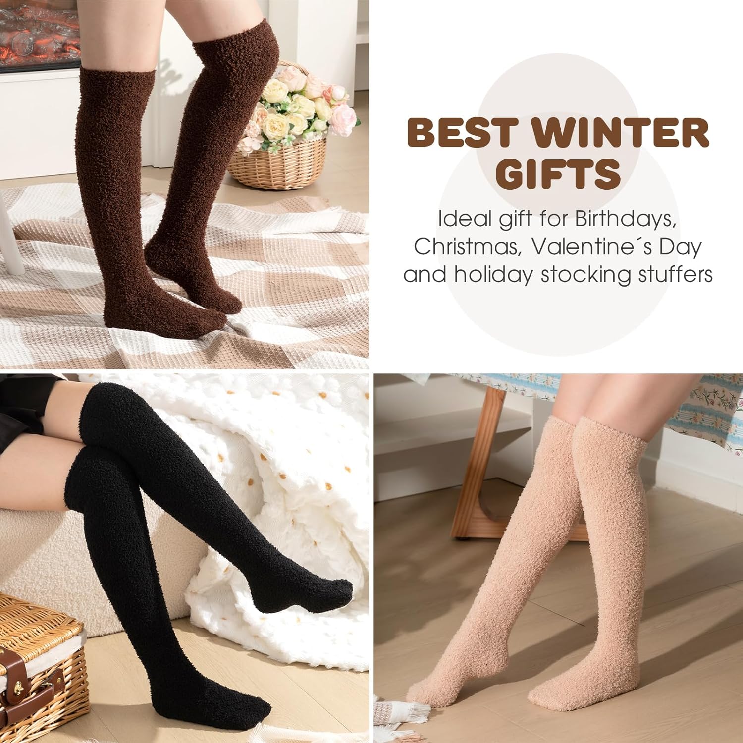 Geyoga 4 Pairs Knee Thigh High Fuzzy Socks for Women Long over Knee Fuzzy Socks Fleece Cozy Lined Soft Warm Valentines Gifts - Image 7