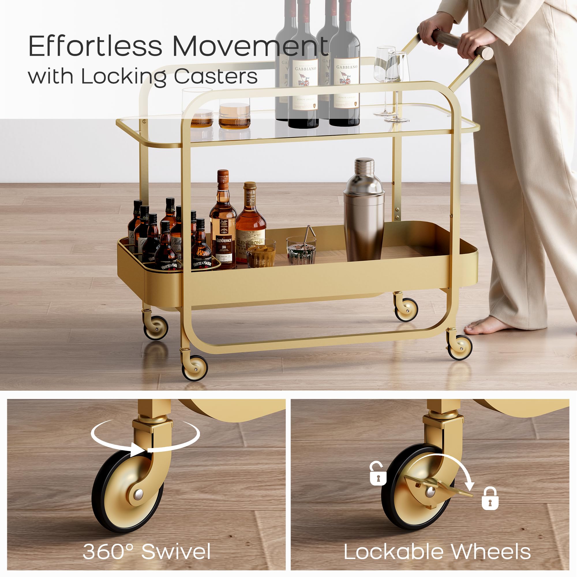 Carrito de Bar 2 Niveles, Carrito de Bebidas con Bandeja de Vidrio Templado y Rejilla para Botellas, Carro de Bar con Ruedas Bloqueables, Carrito Multiusos para Cocina, Salón, Dorado
