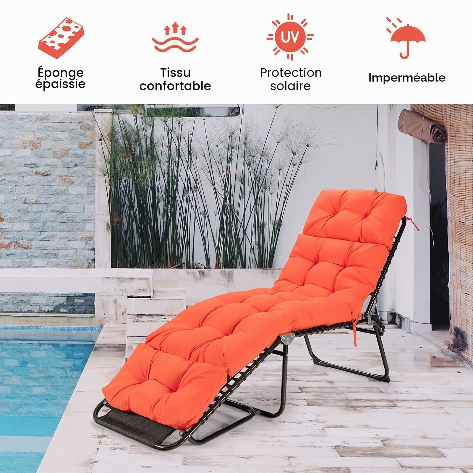 GRAFFY Coussin de Chaise Longue avec 4 Attaches – Coussin épais avec Design imperméable – pour extérieur et intérieur (Orange) – 183 x 55,9 x 10,2 cm