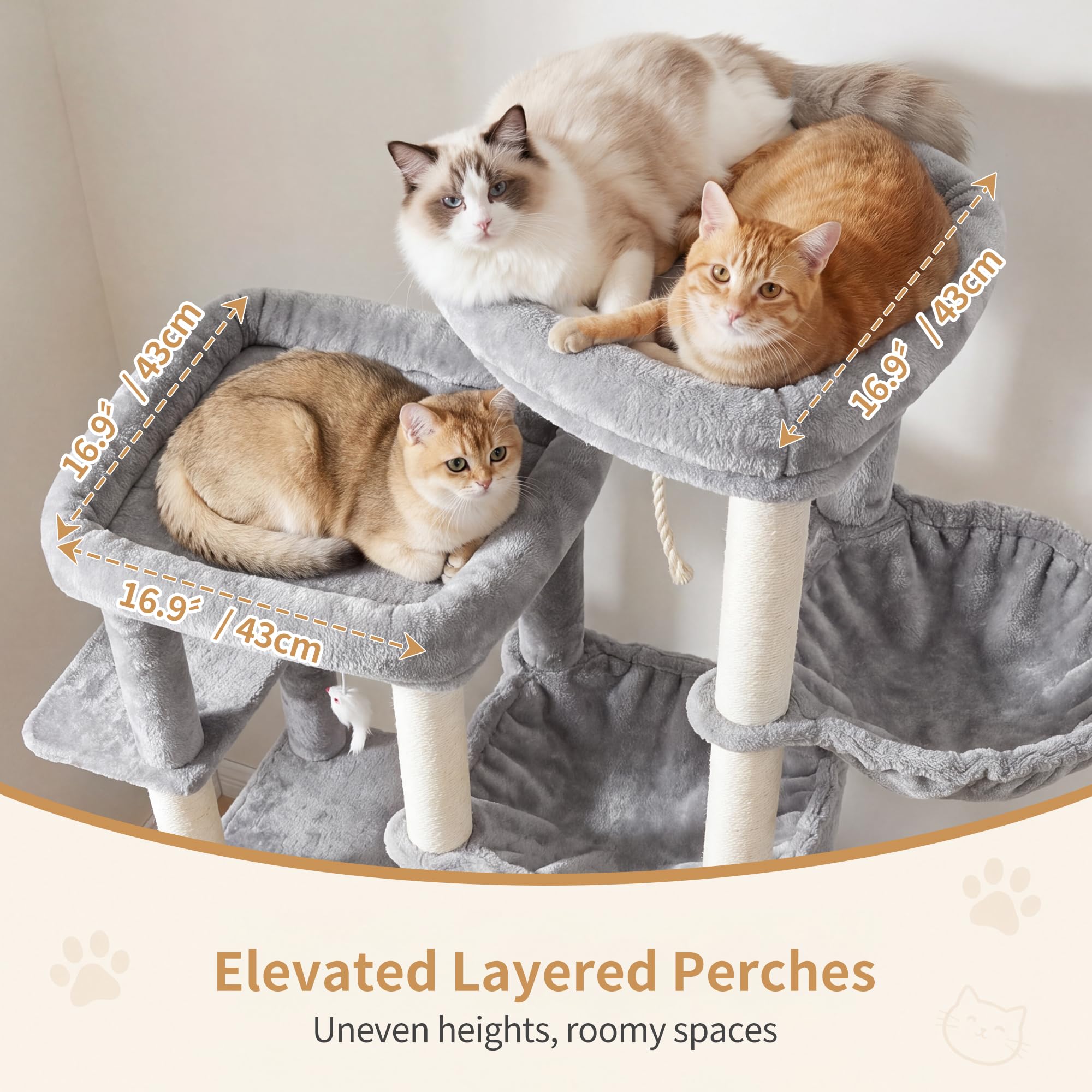 Heybly Árbol para Gatos 177 cm con 2 Plataformas Cesta Hamaca Cueva | 2 plataformas superiores,cueva doble,pelota y ratón de juguete,felpa suave,postes de sisal,para interior, Gris Claro HCT065W