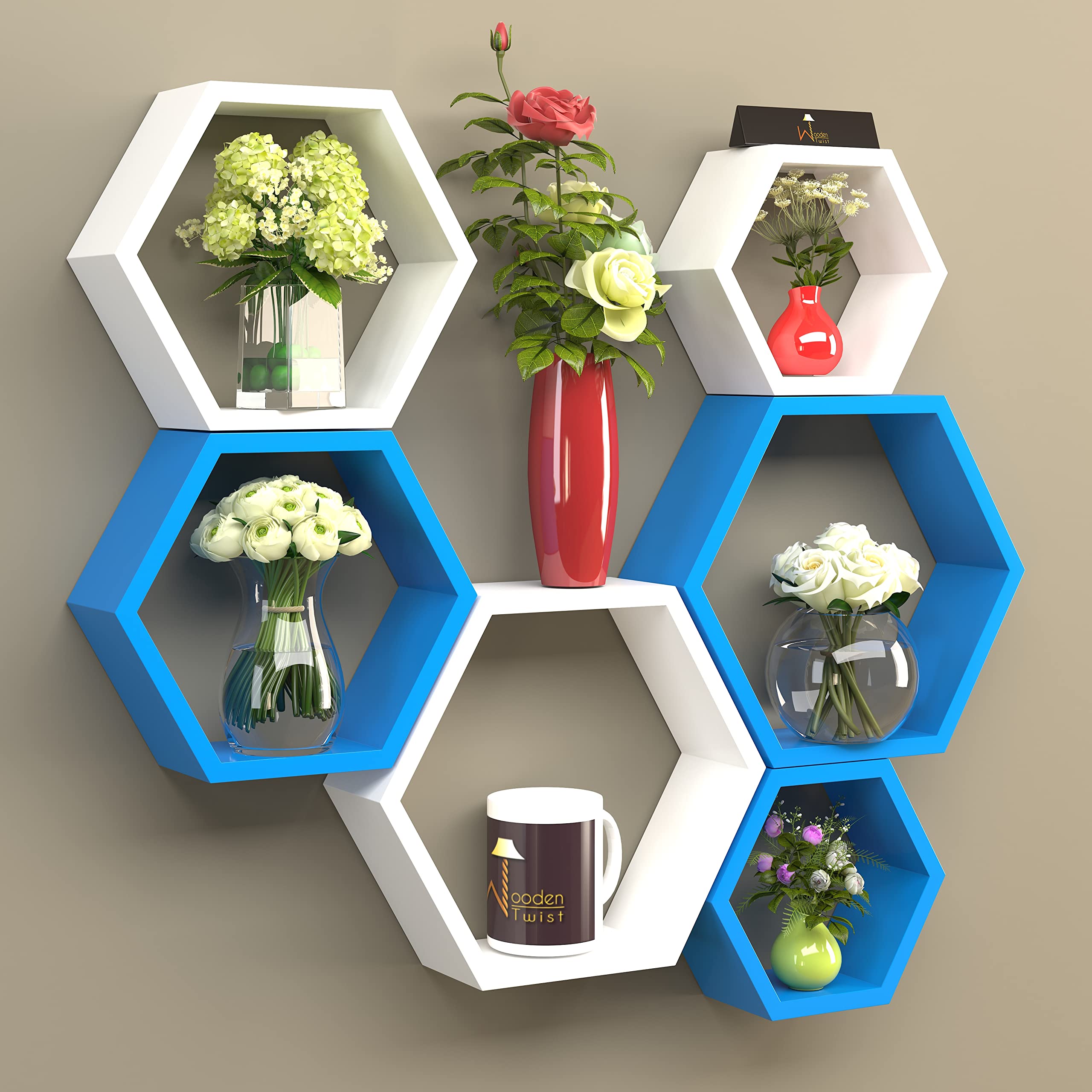 Raafi Hexagonal Shape Wooden Floating Wall Shelves (Set of 6) (White & Sky Blue) (B0B2ZYT7DZ) Amazon Price History, Amazon Price Tracker