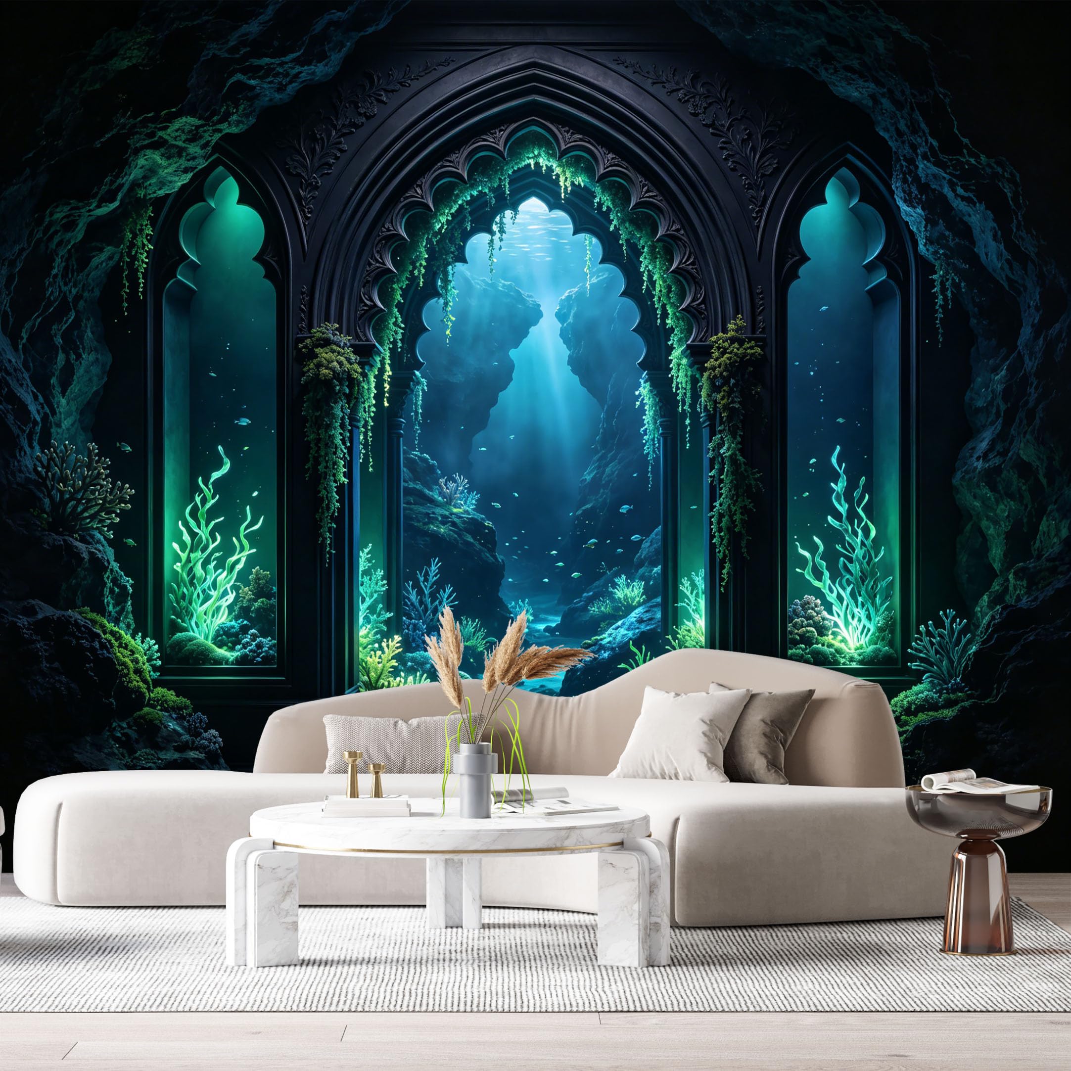 Custom Size Wall Murals Ocean/Marine Bioluminescent Cavern Stone Archway 3D Trompe L'Oeil SelfAdhesiveWall Fabric Removable Wallpaper Wall Decor for Living Room Bedroom Bathroom