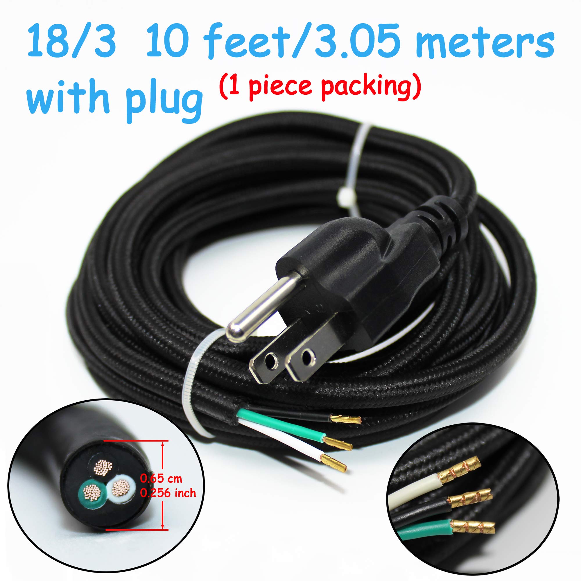 18/3 10Ft Vintage Electrical Wire with Plug Lamp Cord Rayon Covered Braided Black 18 AWG 3 Conductor 10 Feet Flexible Fabric Pendant Lighting Power Antique Cable(10A)
