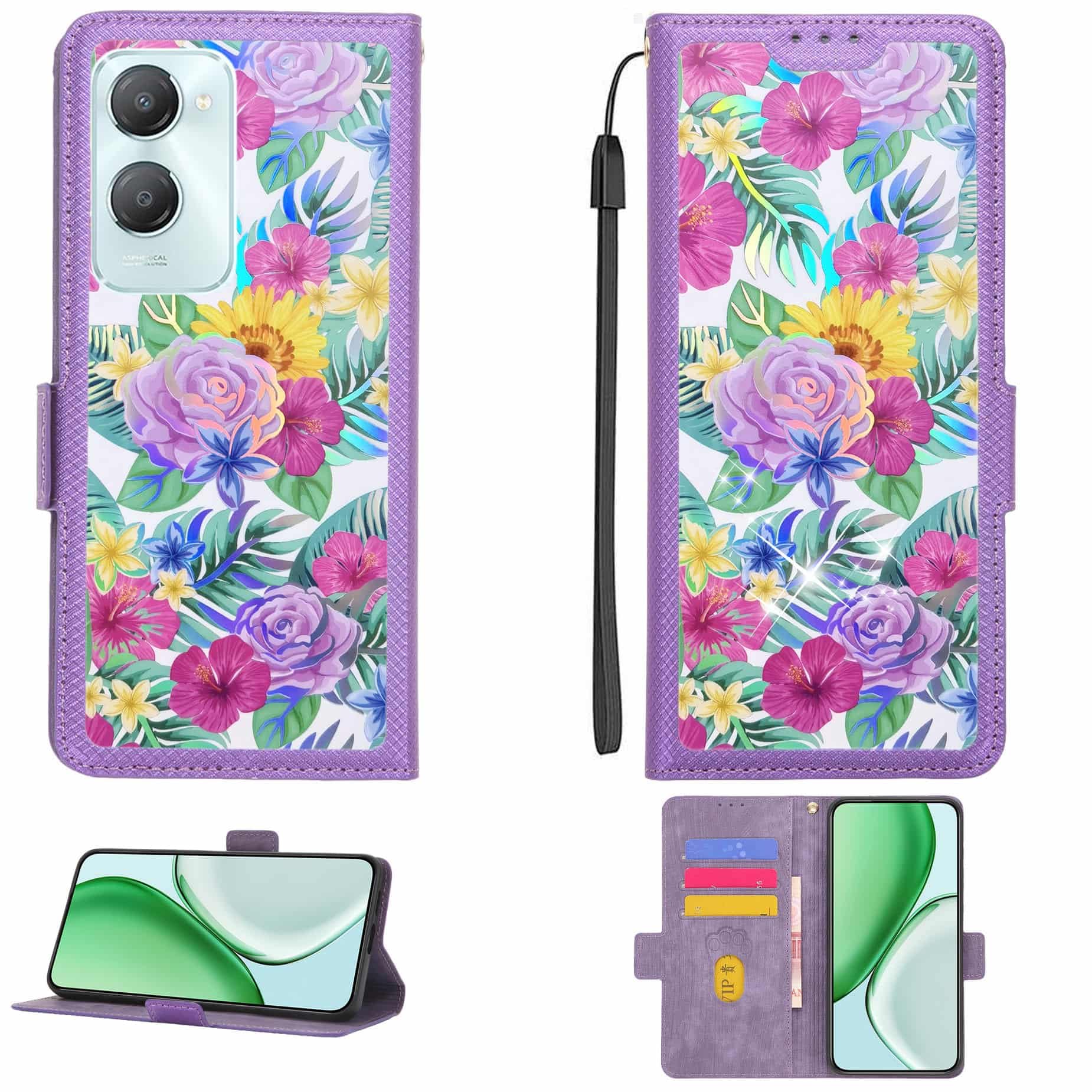 Case Compatible for iQOO Z9 Lite 5G Phone Case Flip Cover [with Tempered Glass Screen Protector][RFID Blocking][Colorful Reflect Light] LPT-HUA1