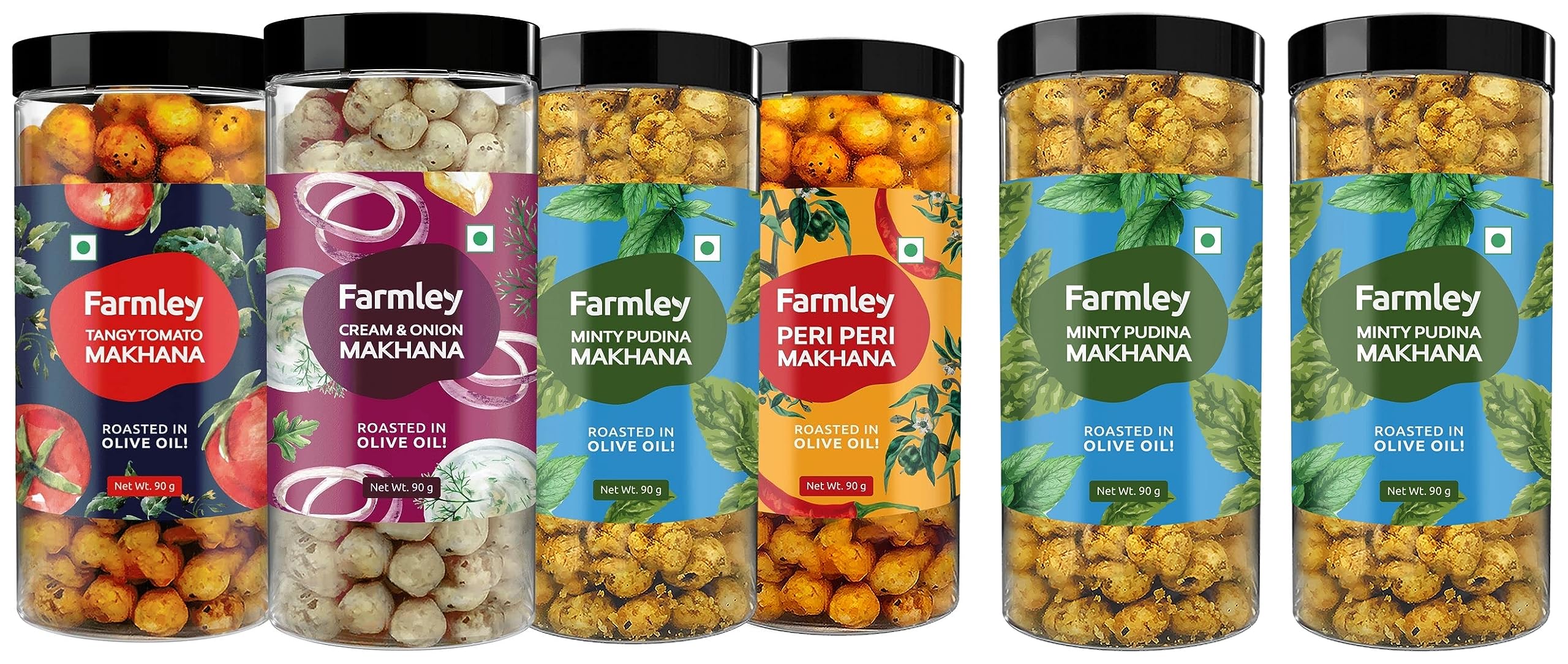 Farmley Roasted & Flavored Makhana- Minty Pudina, Peri Peri, Tangy Tomato, Cream & Onion (Pack of 4, 90 g Each) & Farmley Minty Pudina Roasted & Flavored Makhana Jar 180 g (Pack of 2, Each 90 g)