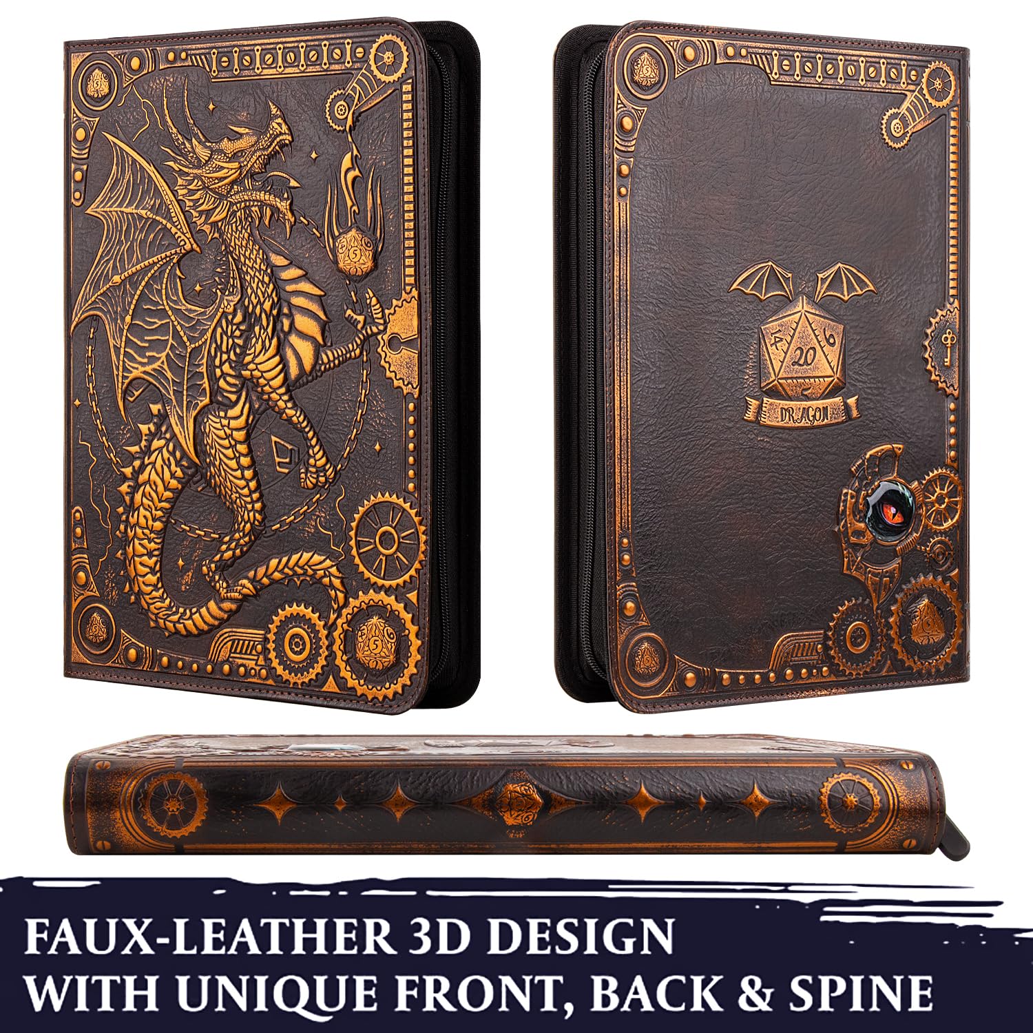 FEIDIAO Raccoglitore per carte collezionabili, album con 360 tasche laterali con cerniera, in pelle PU 3D goffrata con drago volante, 9 tasche da collezione, album per giochi per MTG, TCG, Pokmon