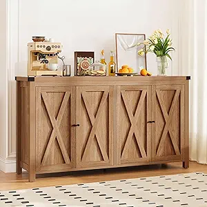DWVO 55'' Sideboard Buffet Cabinet with Storage, Farmhouse Kitchen Storage Cabinet with Doors, Large Coffee Bar Cabinets with Adjustable Shelves for Kitchen, Living Room, Oak