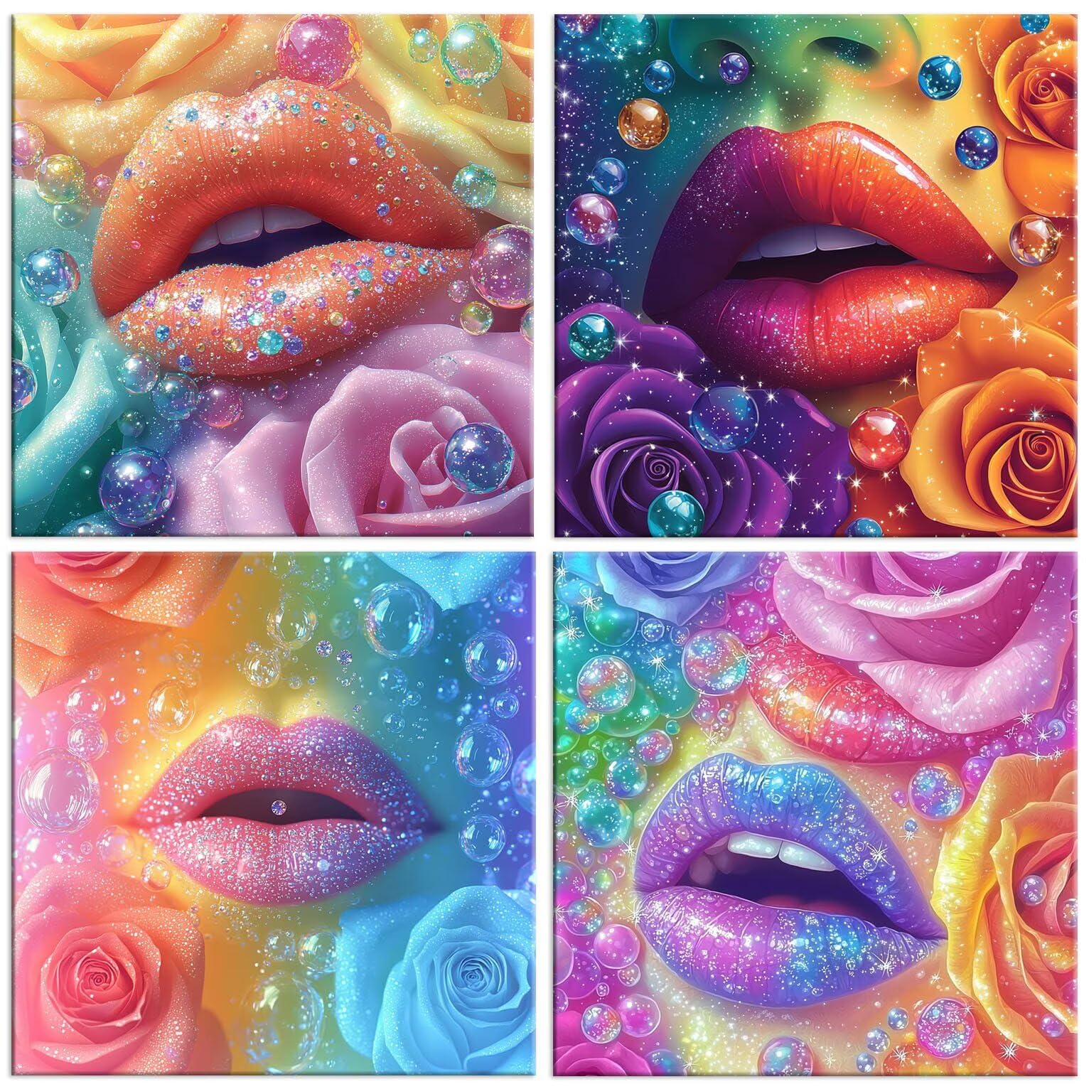 Rose Lippen Diamond Paining, 5D Diamant Painting Bilder 60x60cm t-544 | 4 Pack Diamond Painings Erwachsene, 5D DIY Diamant Malerei Mosaikherstellung für Relaxation and as a Wall Deko Geschenk
