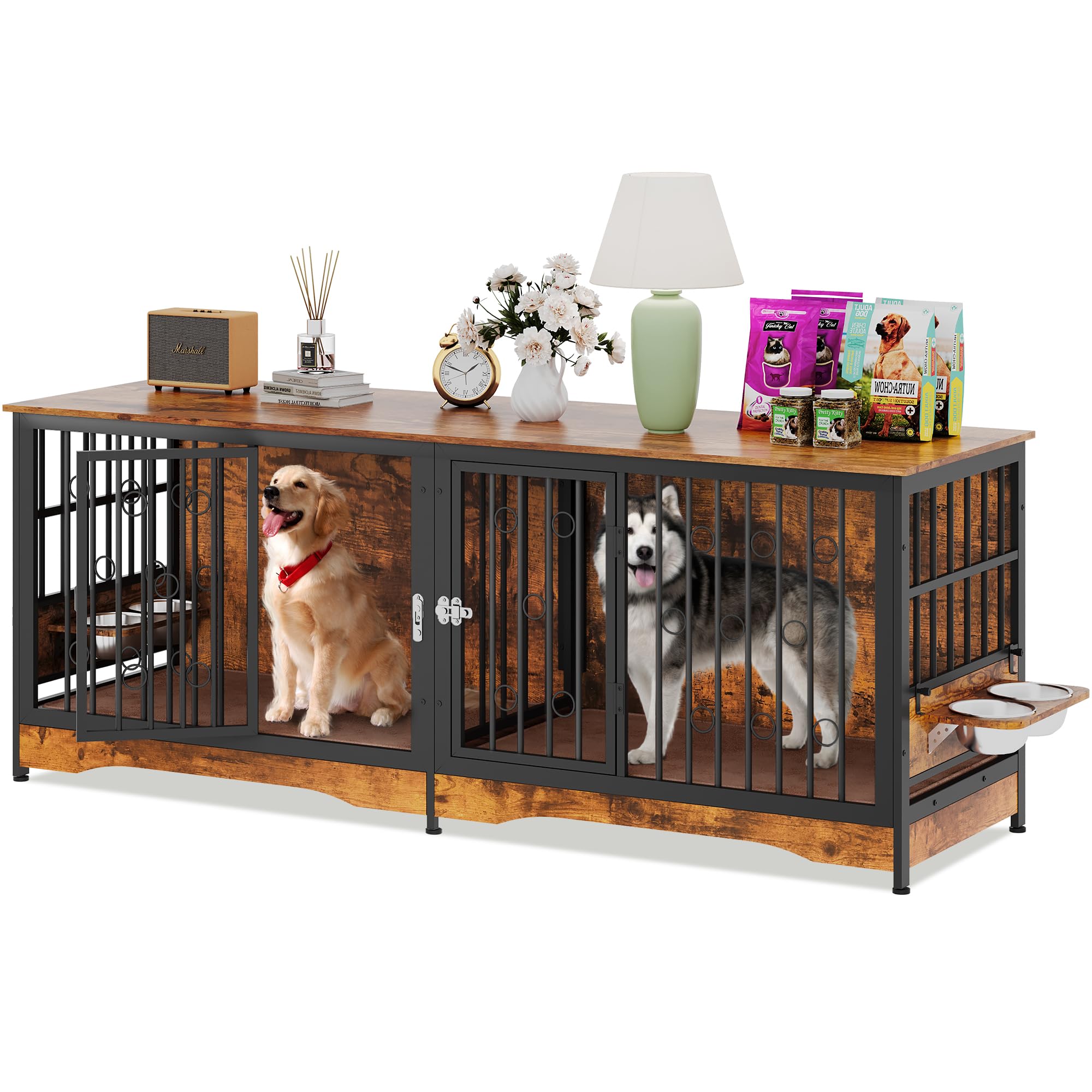 75'' Dog Crate Furniture Large Storage TV Stand with Dual Cushion / 4 Bowls/Double Rooms, Wooden Dog Kennel Dog Crate with Removable Divider for Large Medium Dogs, 75''L×24''W×29''H, Rustic Brown