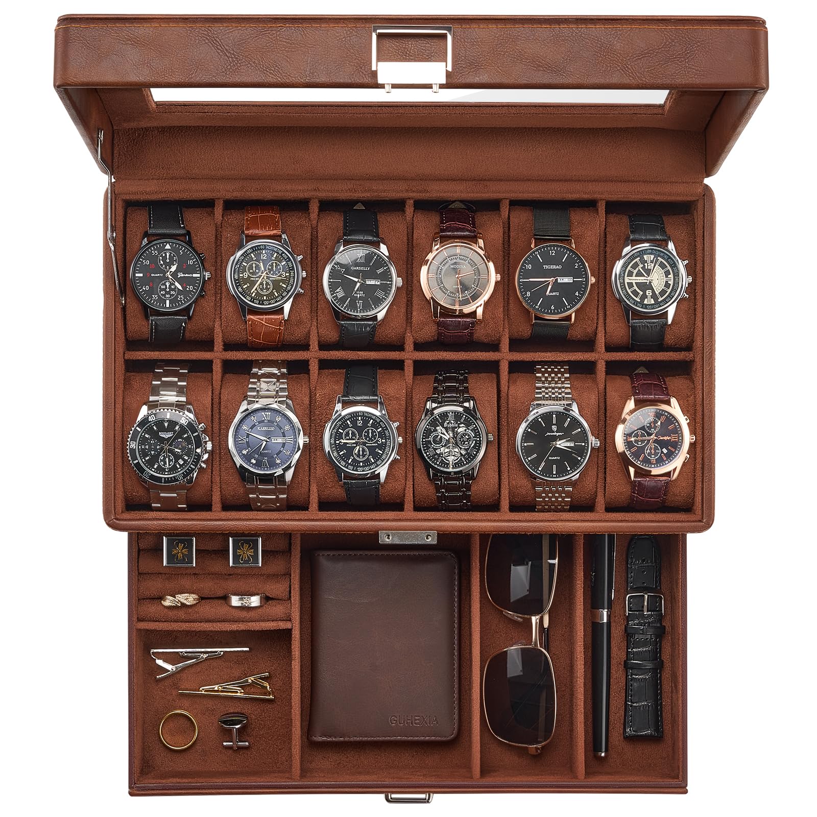 HVMBEUGOS Watch Box for Men, Jewelry Organizer Box with Drawer, Display Storage Case with Glass Lid -Brown, 12 Slot