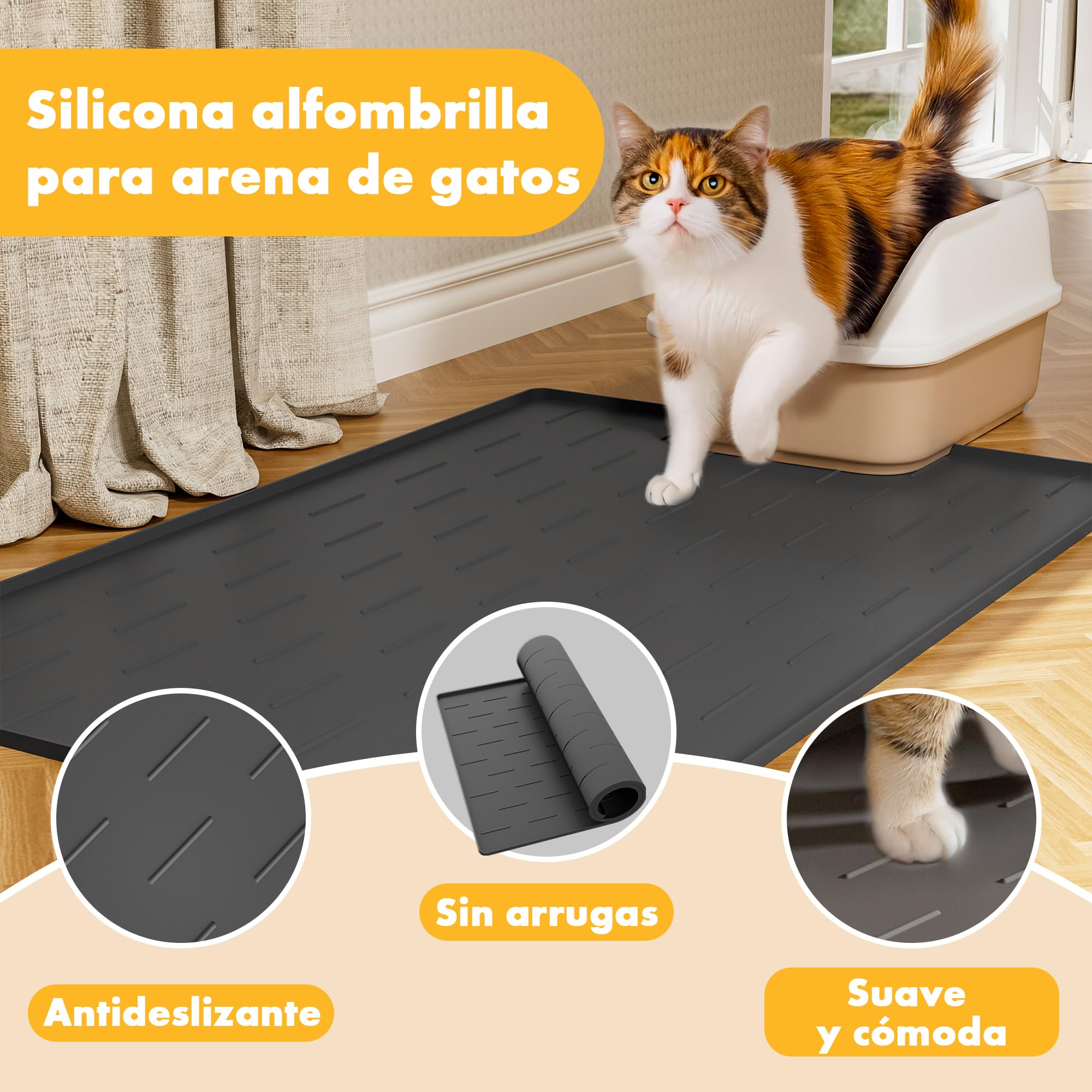 Pieviev Alfombra Gatos Arenero Silicona, 86 x 56 cm Alfombrilla Arenero, Tapete Areia Gatos Grande, Impermeable y Antideslizante Cat Litter Mat, Gris Oscuro