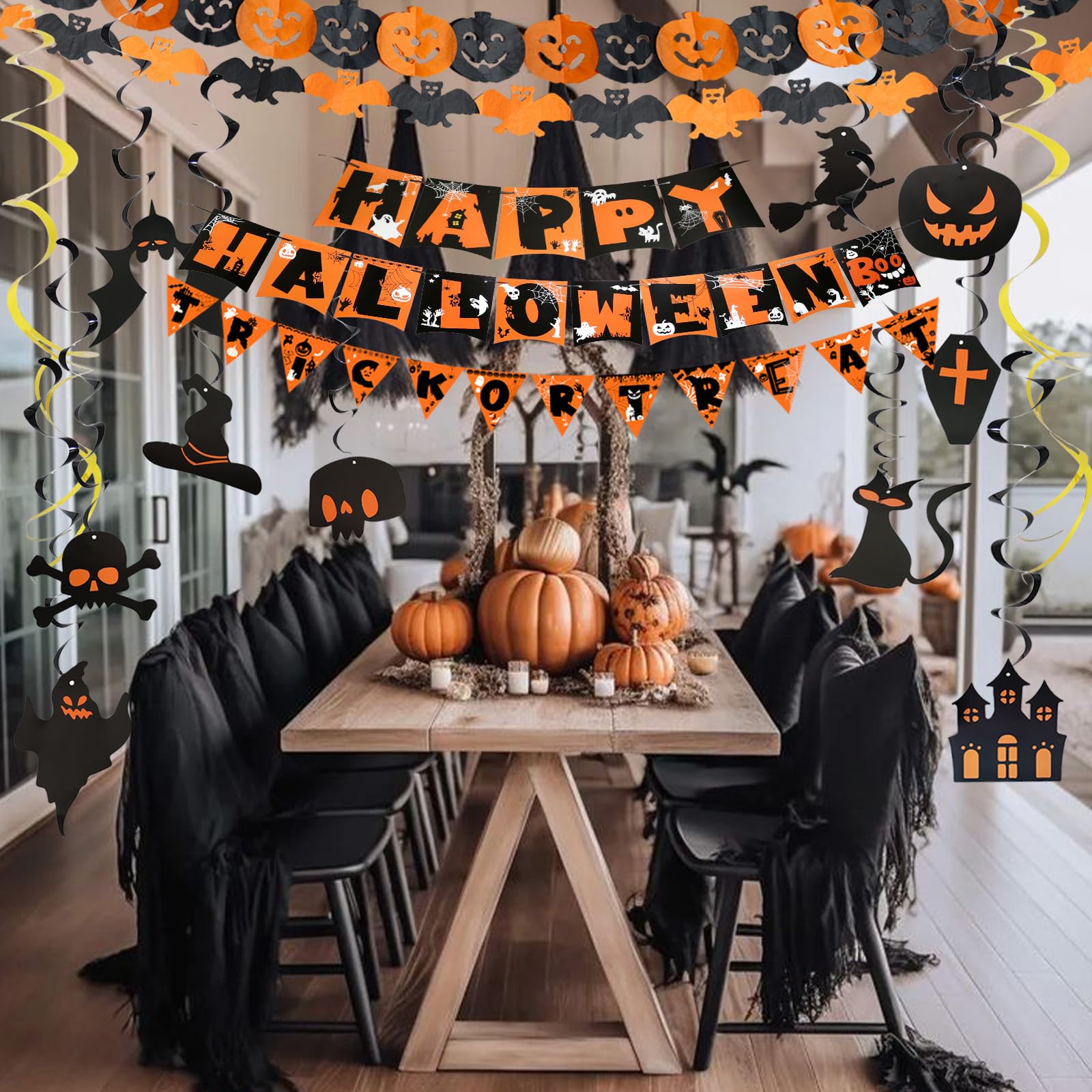 Halloween-Hängebanner – Hexen, Geister & Kürbisse, 4-teilig, Aus Karton, Für Partydekoration Innen & Außen