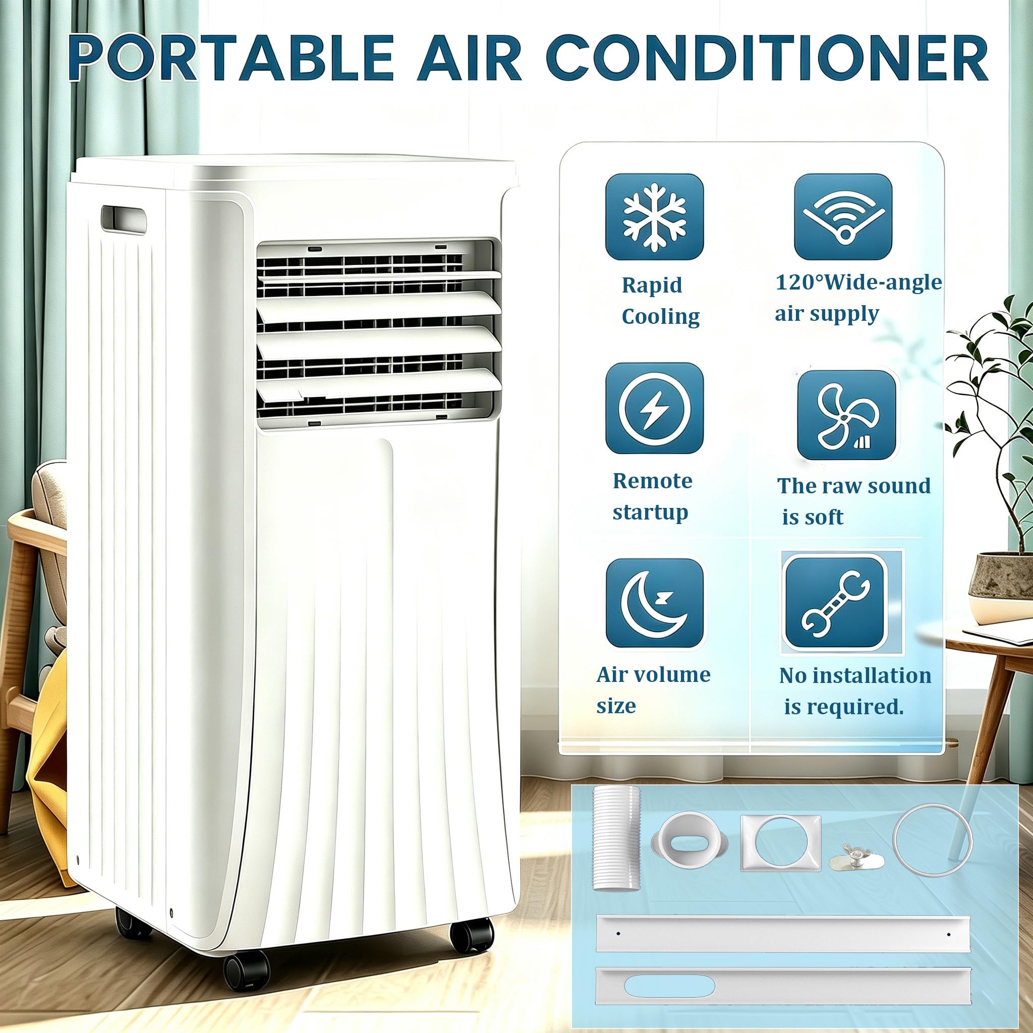 Aire Acondicionado portátil de 12 000 BTU con Modos de Ventilador y deshumidificador; 2 velocidades,Temporizador de 24 Horas y Control Remoto; 350 pies Cuadrados. 9000BTU