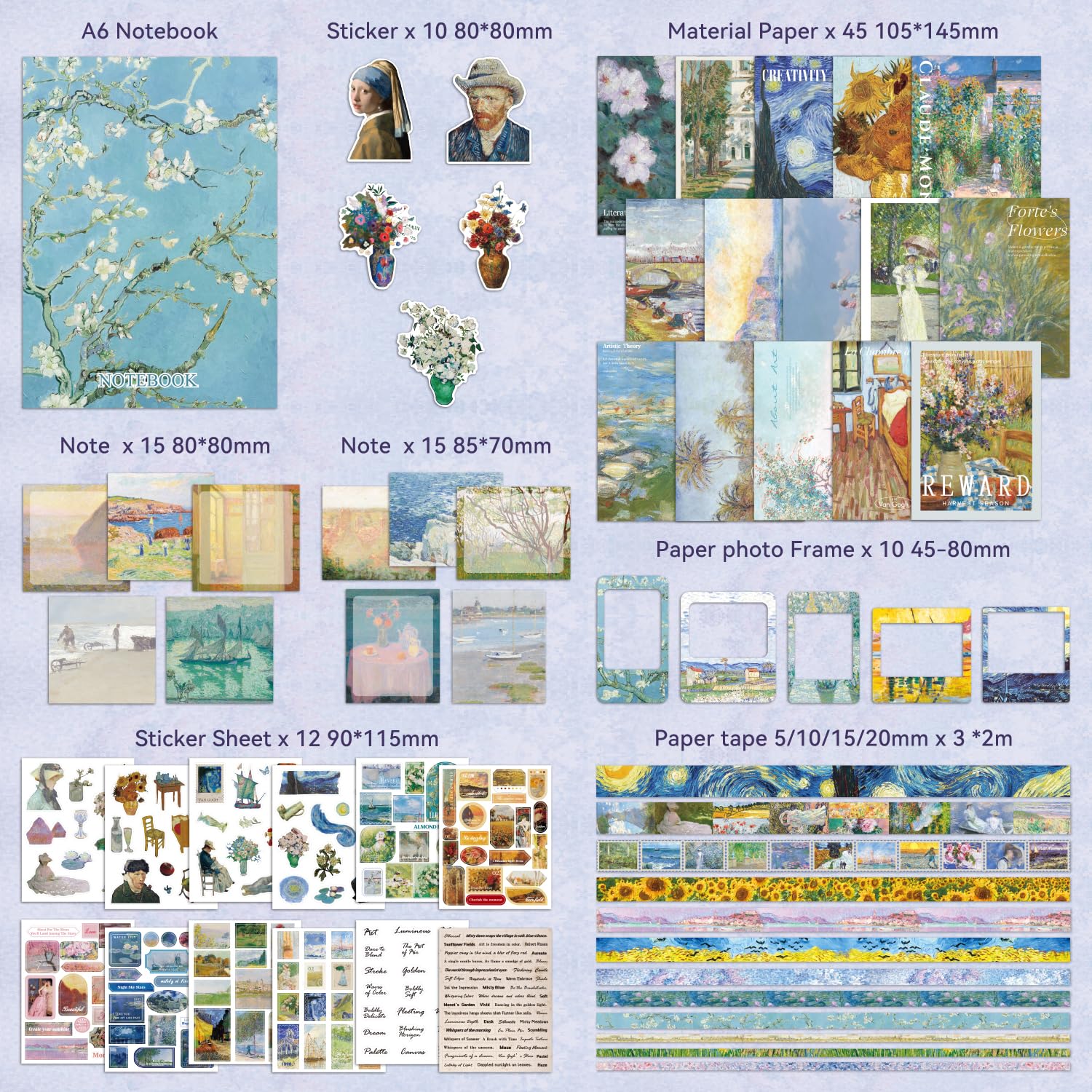 Kit di forniture per scrapbooking, Monet Van Gogh, kit per album di ritagli a tema pittura a olio per bullet junk, 12 rotoli di nastro Washi, fogli adesivi per forniture di diario fai da te, regalo