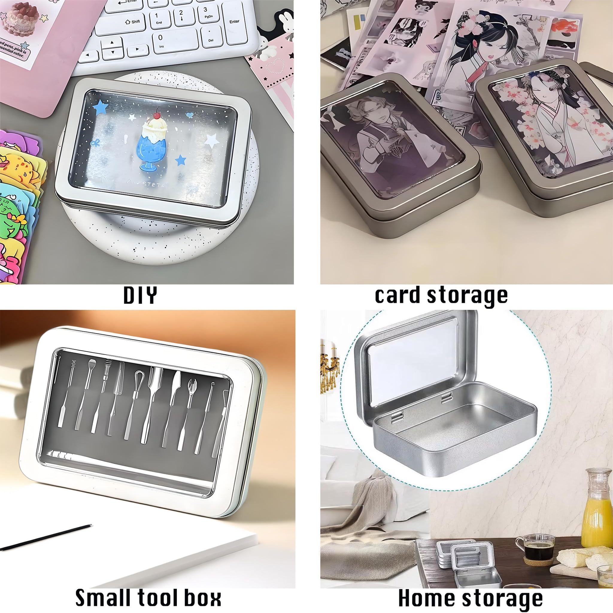 2 pcs Metal Tin Box Metal Tins With Lids Clear Top Tins Box Empty Storage Tins Case Rectangle Containers Can with Large Clear Window for Candles, Candies, Gifts, Balms and Treasures, Silver - Image 4