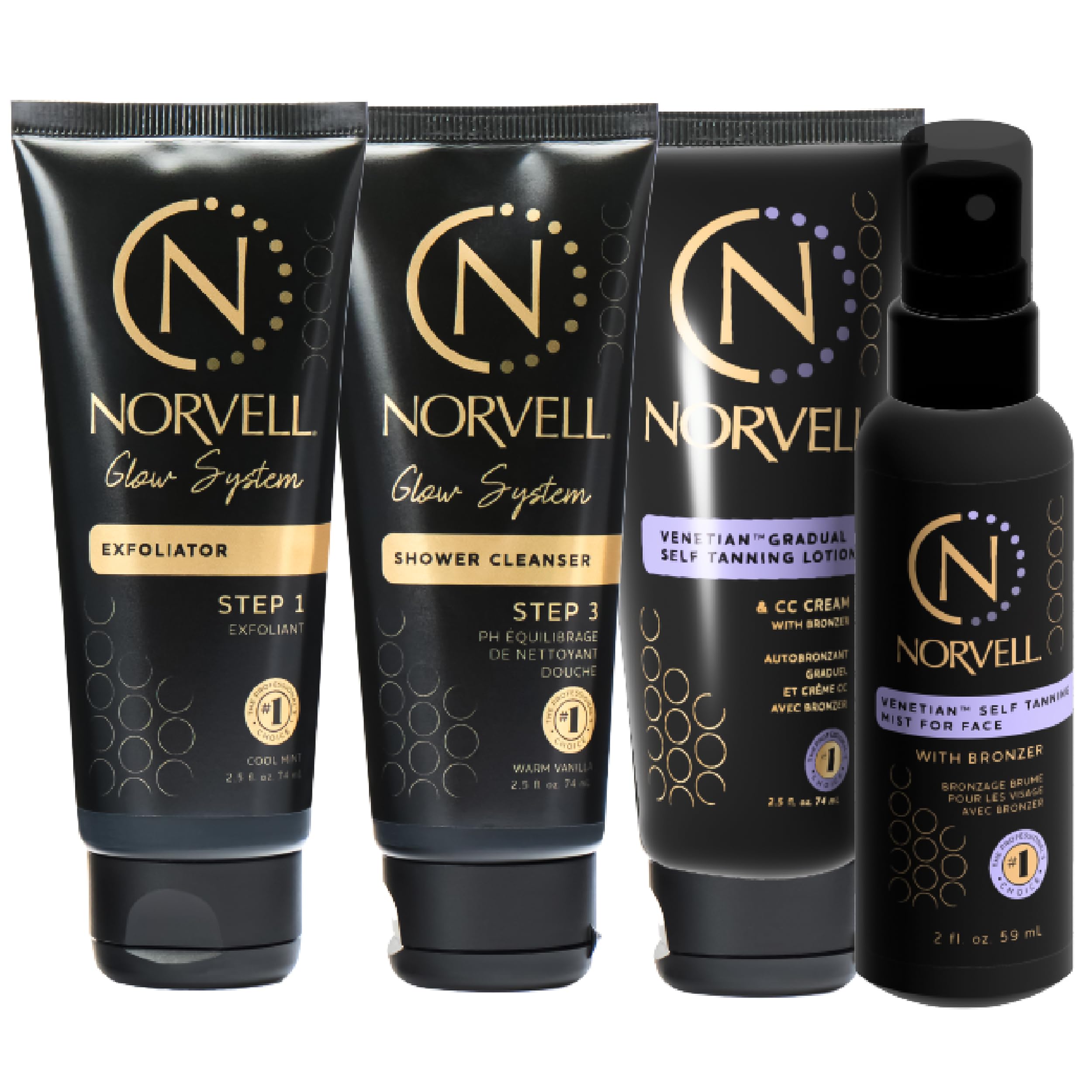 Norvell Venetian Self Tanner Maintenance Kit – Enhance Your Tan with Sunless Exfoliator 2.5 oz, Facial Tanning Mist 2 oz, pH Balancing Cleanser & Gradual Tanner 2.5 oz