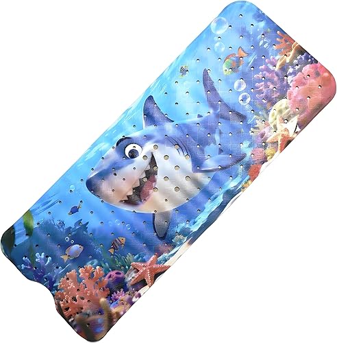 Tapete de ducha antideslizante para niños, extra largo de 40 x 16 pulgadas, lavable a máquina con agujeros de drenaje, ventosas para suelo de baño,