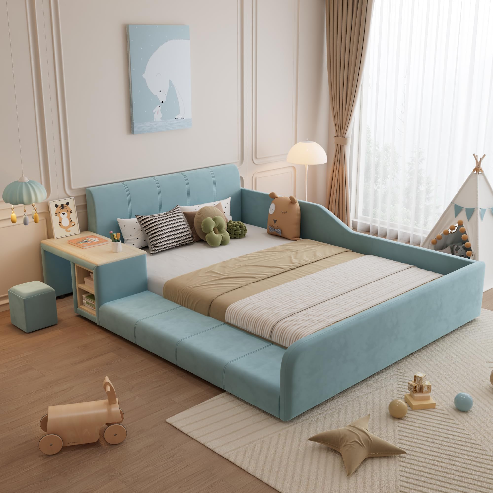 Letto imbottito con scrivania per bambini e sgabello, con ripiano, 140 x 200 cm, letto singolo, letto matrimoniale con testiera e rete a doghe, in velluto, blu