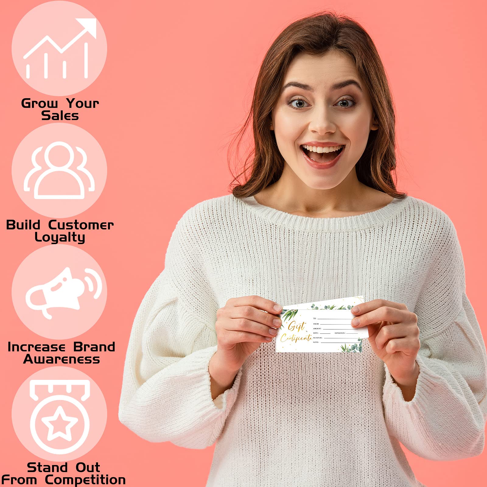 Chuangdi 100 Pcs Gift Certificate for Business Eucalyptus Blank Gift Certificate Cards Gold Foil Present Postcard Double-sided Customer Client Voucher Card for Wedding Birthday Beauty Salon Spa