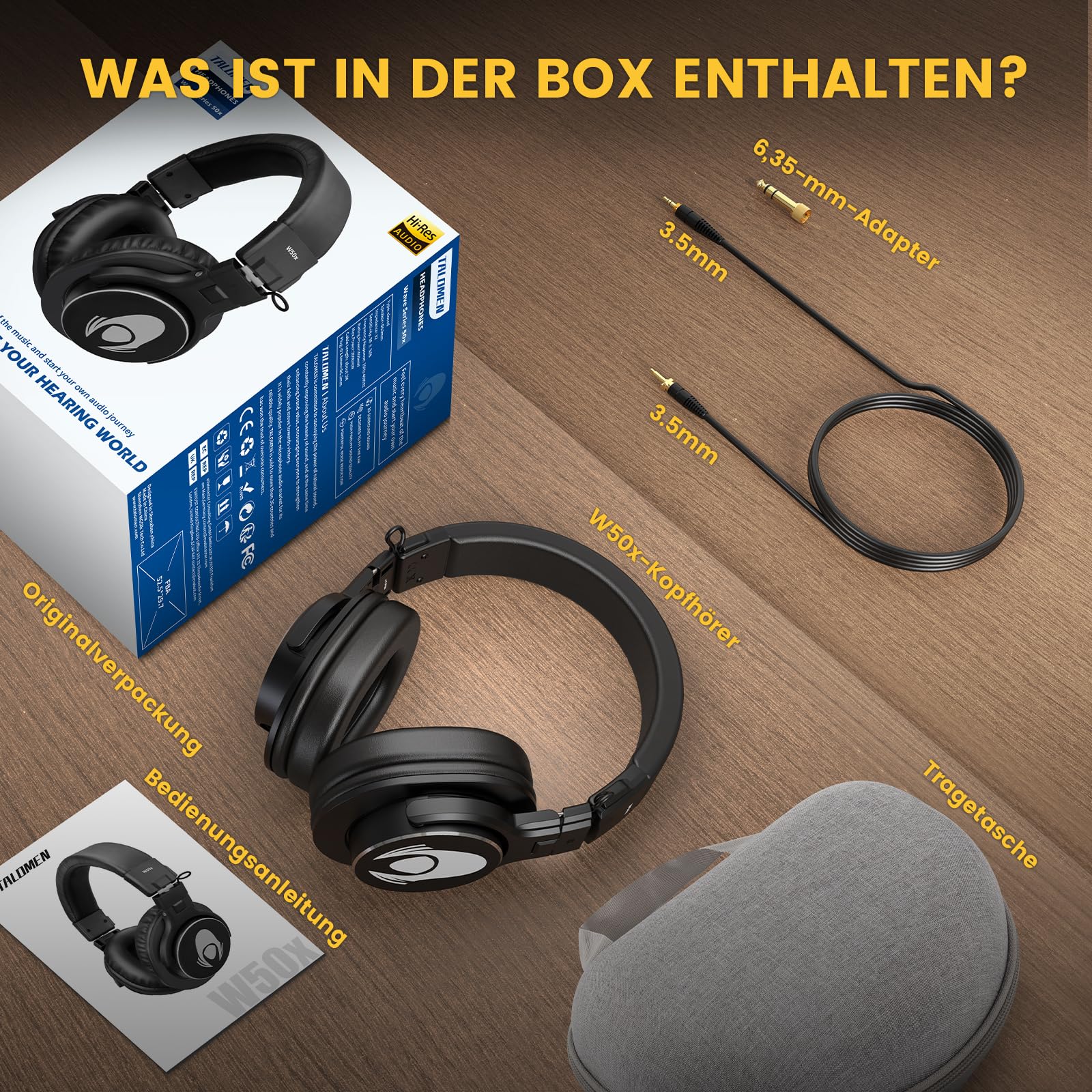 talomen W50X Over Ear Kopfhörer mit Kabel,HiFi Stereo Kopfhörer mit 50 mm Lautsprecher,Musik Kopfhörer mit 3m langem Kabel,3.5mm Klinke,6.35mm Adapter,für Studio,Podcast,Monitor, Handy,PC