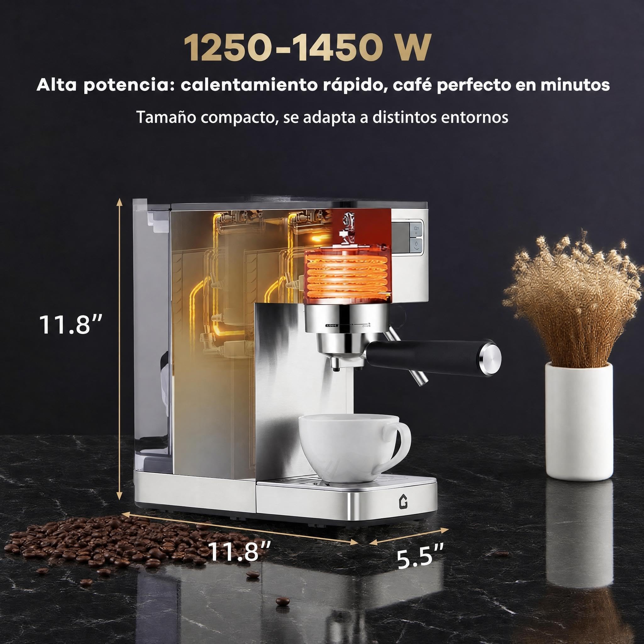 Garvee Máquina De Café Expreso De 15 Bares De Acero Inoxidable, Semiautomática Con Espumador De Leche,Diseño Compacto Depósito De Agua Extraíble De 1,4 l, Pantalla Digital, Perfecta Para Capuchi