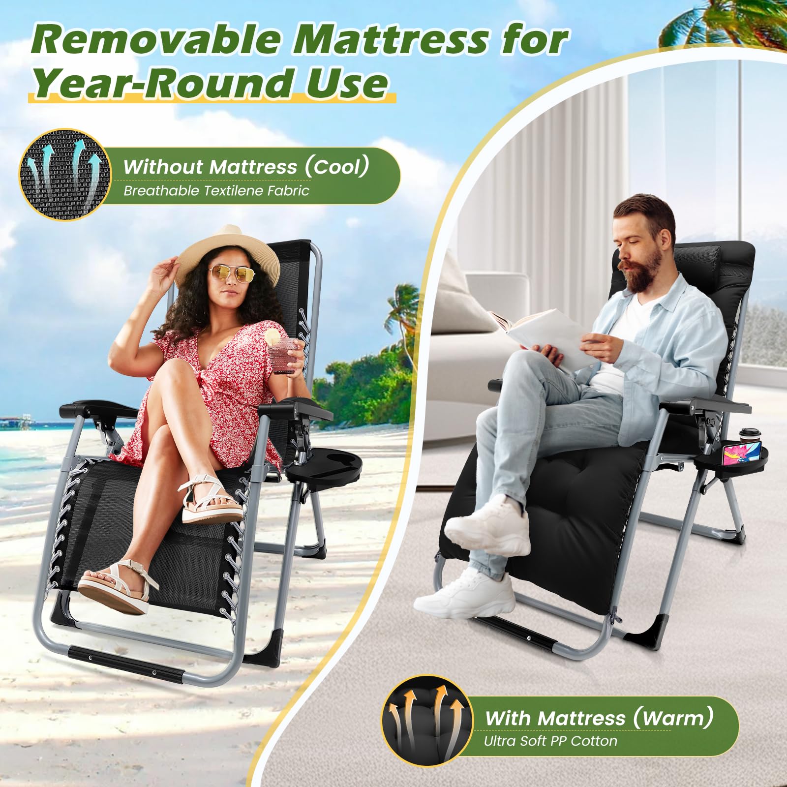 Sillas Garden Zero Gravity, Capacidad de Carga de 440 Libras, reposacabezas Ajustable, Soporte para Tazas y teléfono, tumbonas Plegables para (72 cm, Blanco)