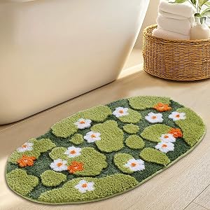 Green Floral Moss Bathroom Rug Bath Mat Ultra Thick Soft 3D Aesthetic Decor Cute Tufted Bath Rugs Non